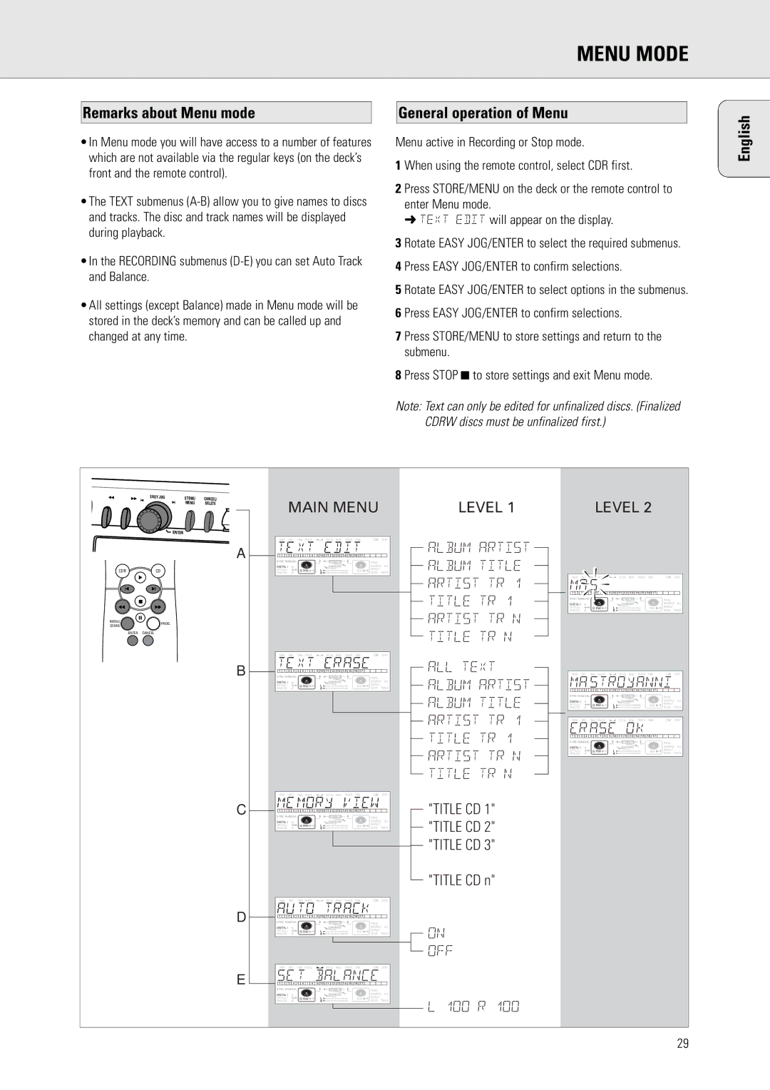 Philips CDR775 S Menu Mode, Remarks about Menu mode, General operation of Menu, Press Easy JOG/ENTER to confirm selections 