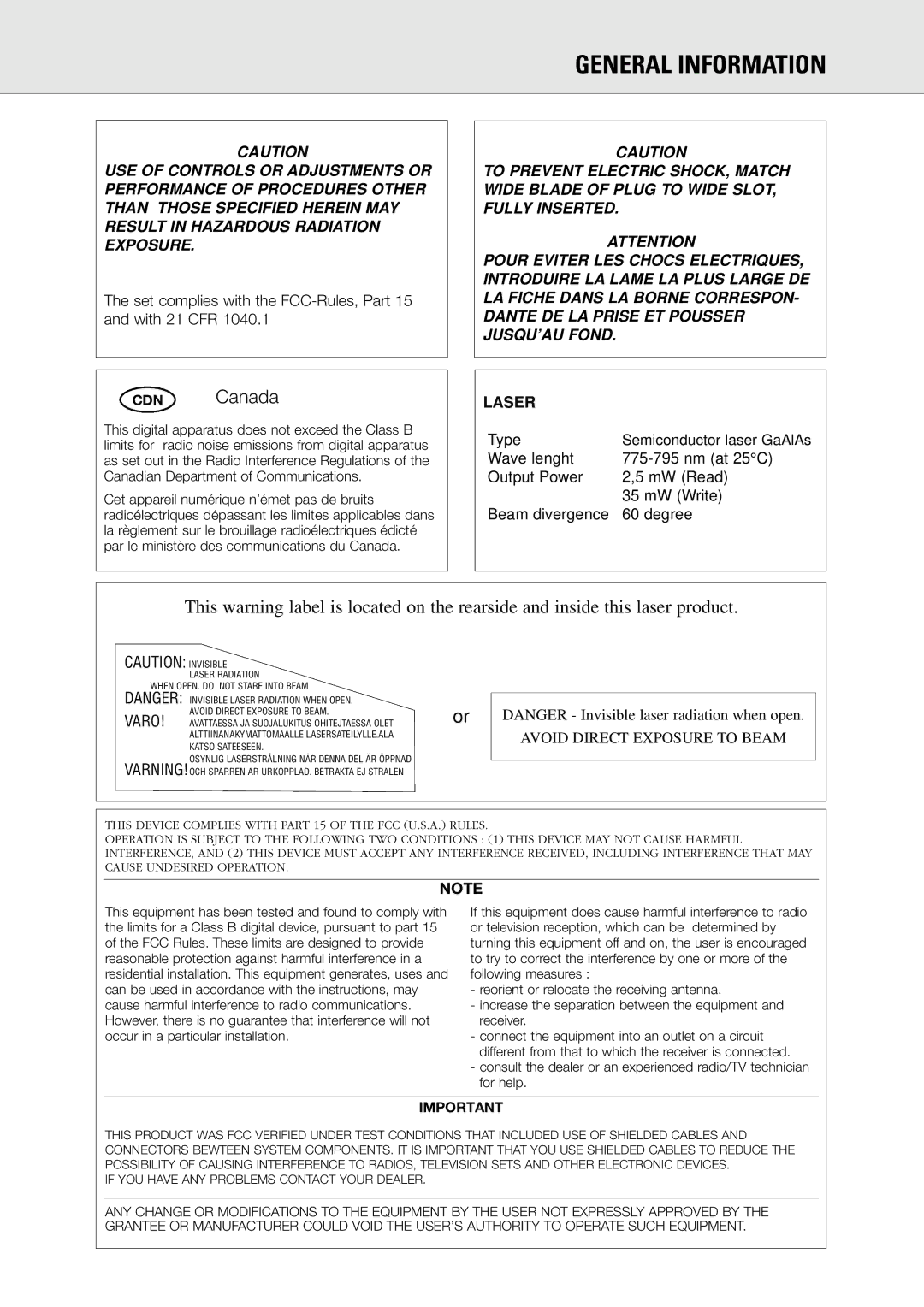 Philips CDR775 S manual General Information, Set complies with the FCC-Rules, Part 15 and with 21 CFR 