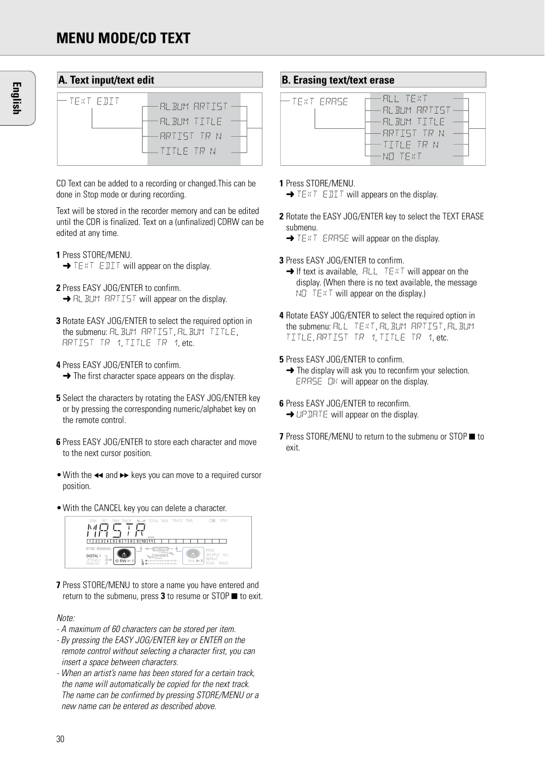 Philips CDR775 S manual Menu MODE/CD Text, English Text input/text edit, Erasing text/text erase 