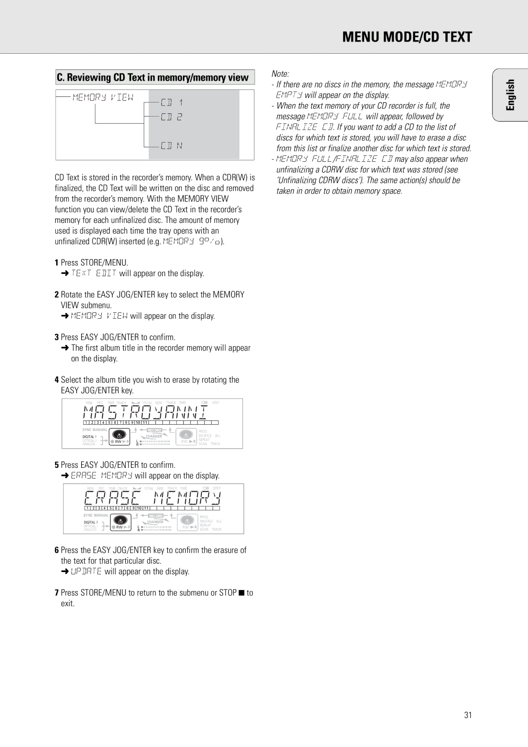 Philips CDR775 S manual Reviewing CD Text in memory/memory view 