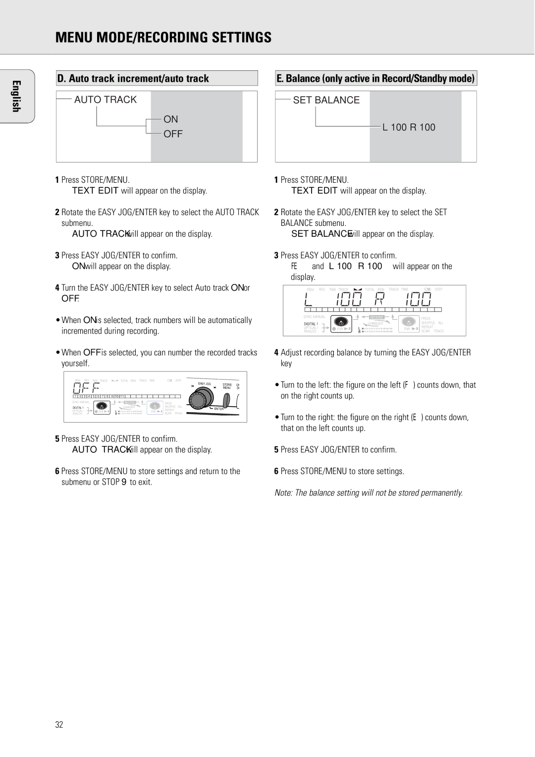 Philips CDR775 S manual Menu MODE/RECORDING Settings, English Auto track increment/auto track 