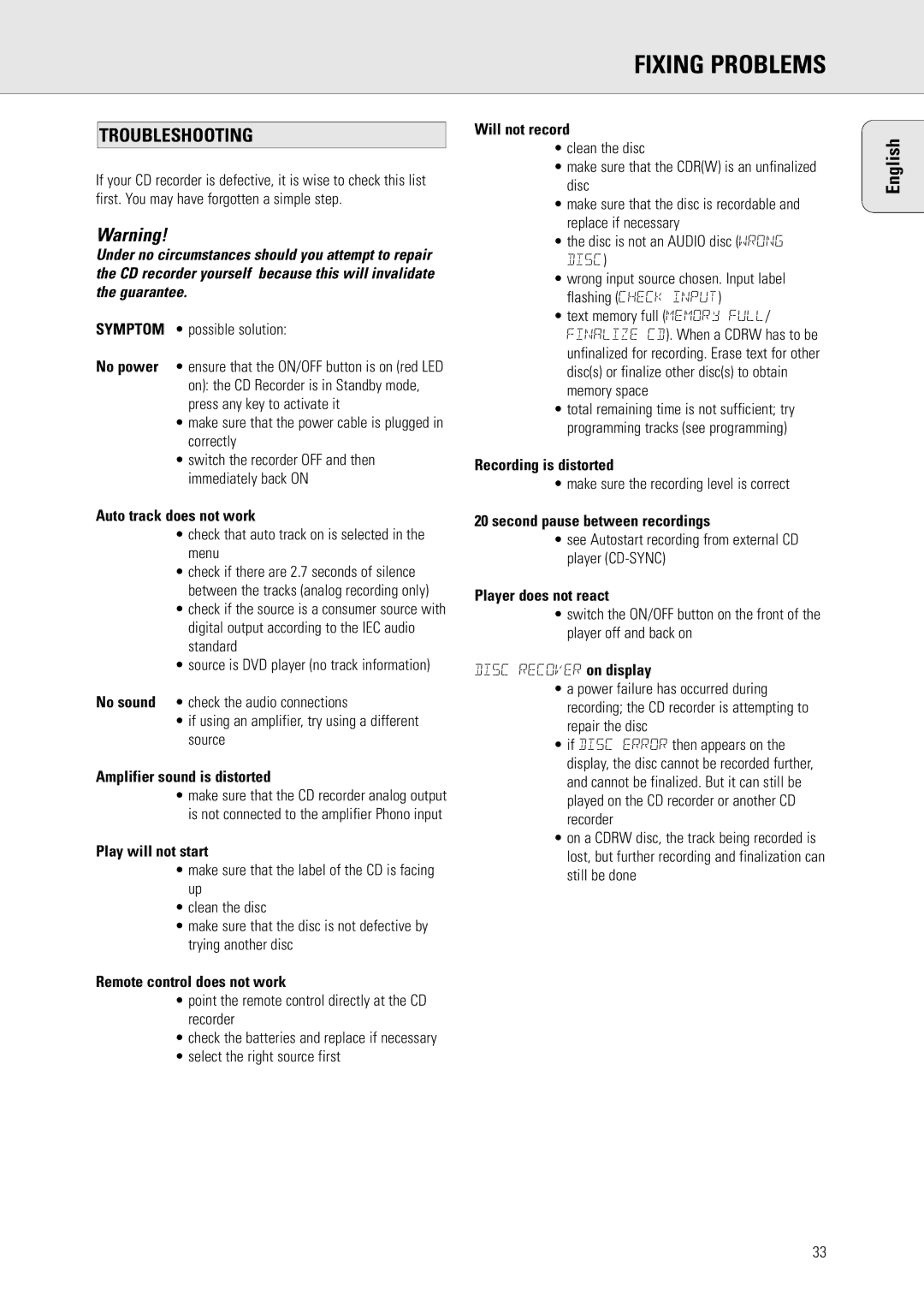 Philips CDR775 S manual Fixing Problems 