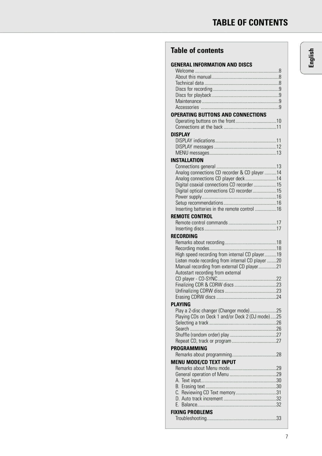 Philips CDR775 S manual Table of Contents 