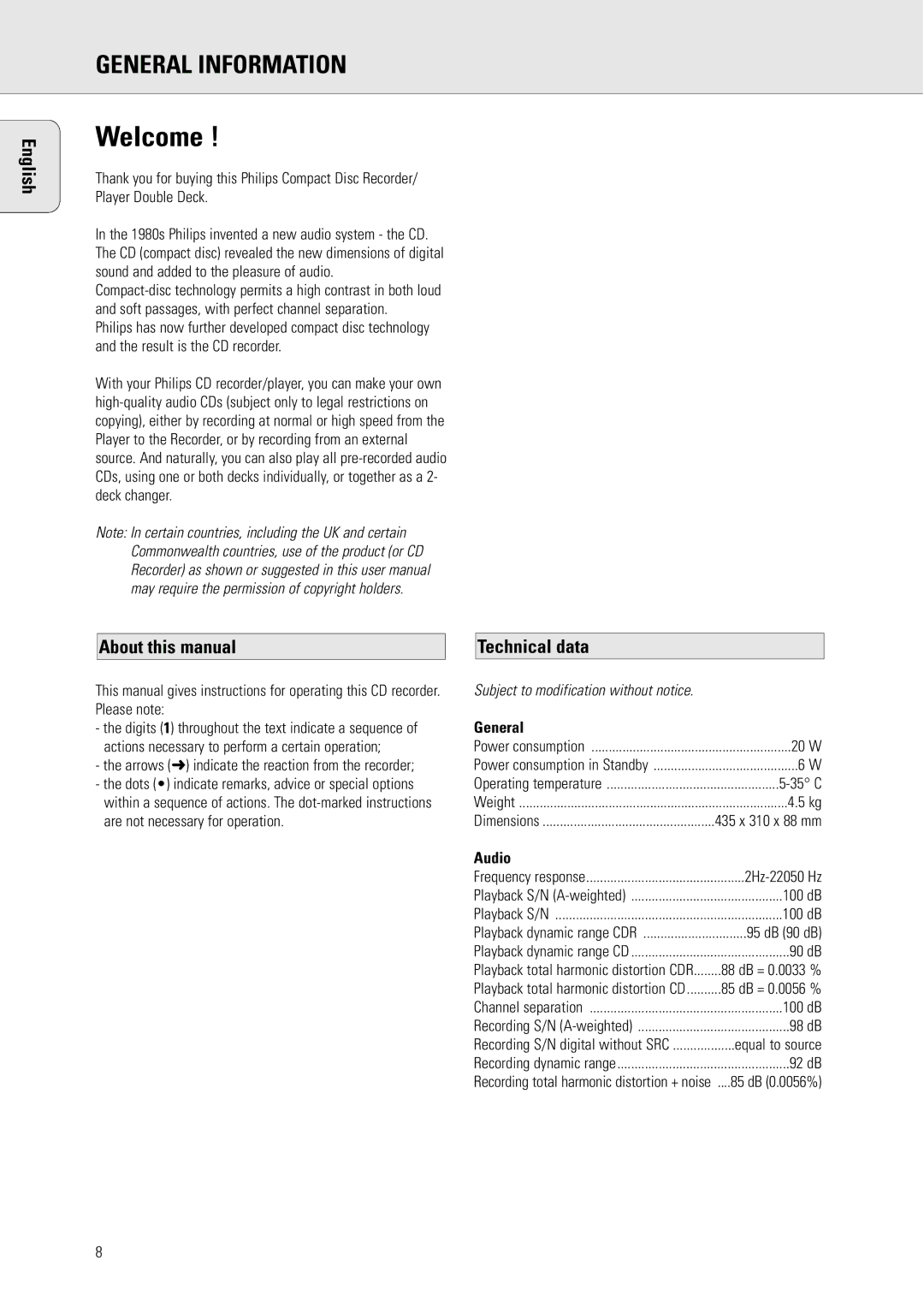 Philips CDR775 S About this manual, Technical data, General, Audio 