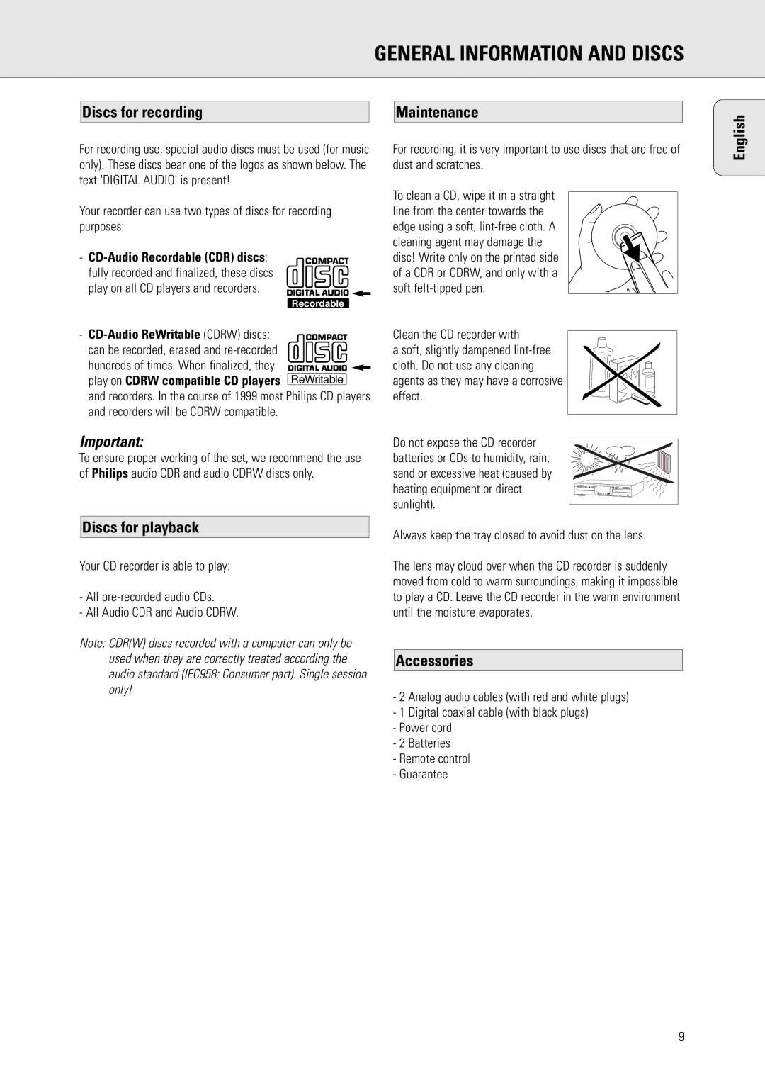 Philips CDR775 S General Information and Discs, Discs for recording Maintenance English, Discs for playback, Accessories 