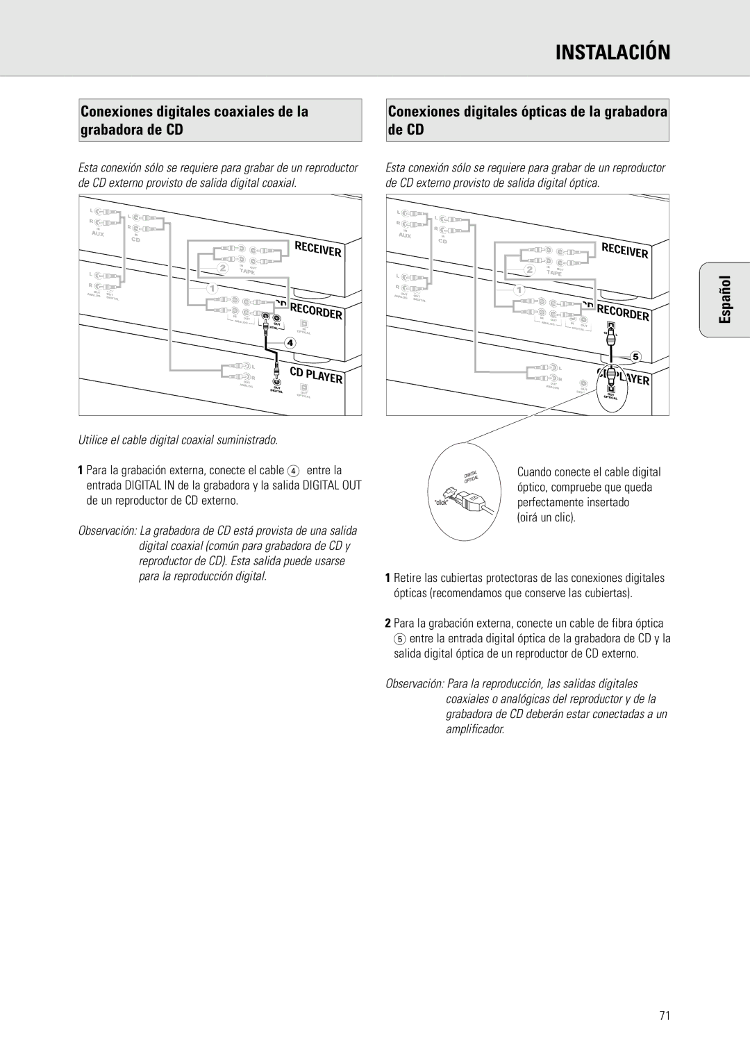 Philips CDR775 Conexiones digitales coaxiales de la grabadora de CD, Conexiones digitales ópticas de la grabadora de CD 