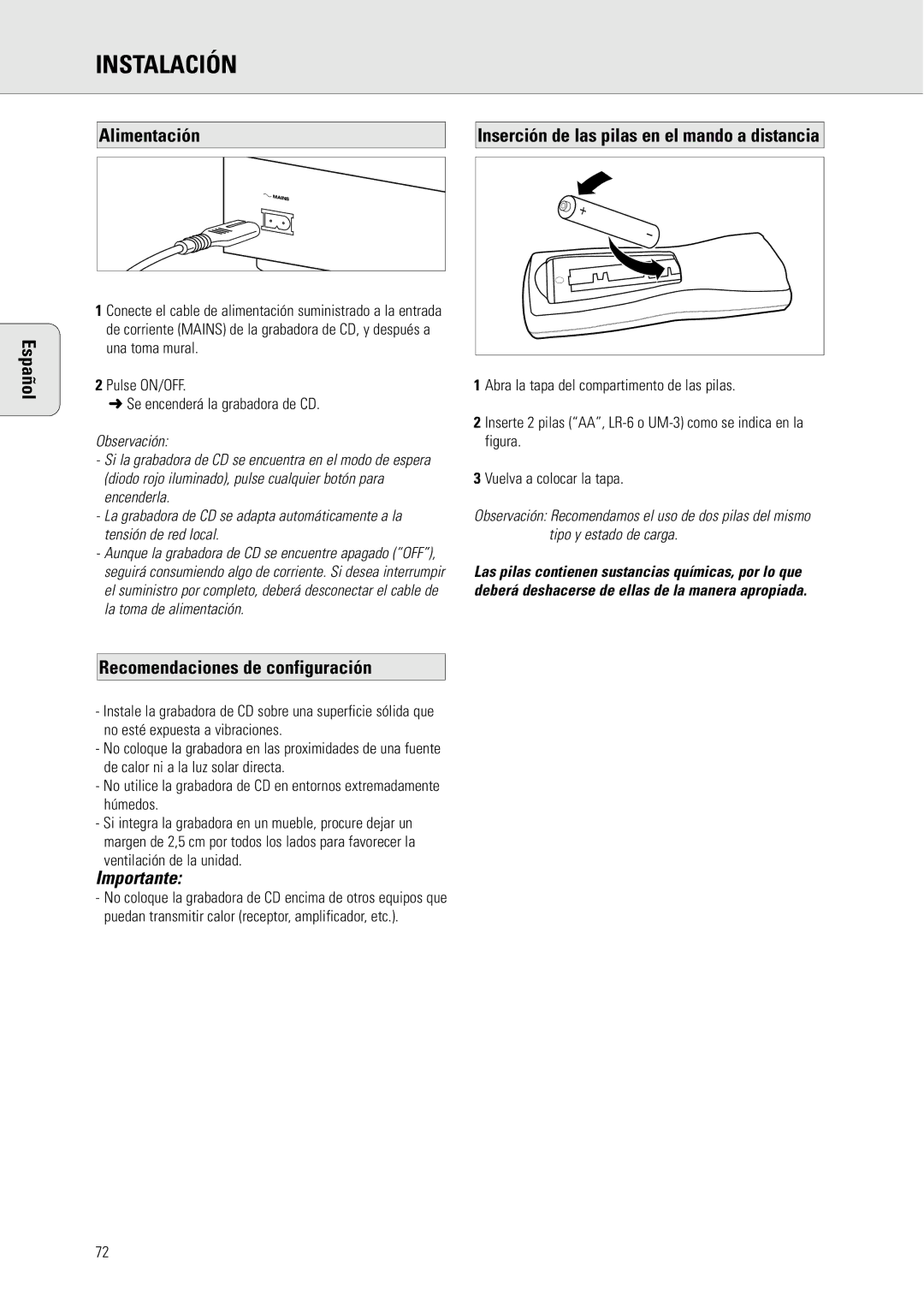 Philips CDR775 manual Alimentación, Recomendaciones de configuración, Inserción de las pilas en el mando a distancia 