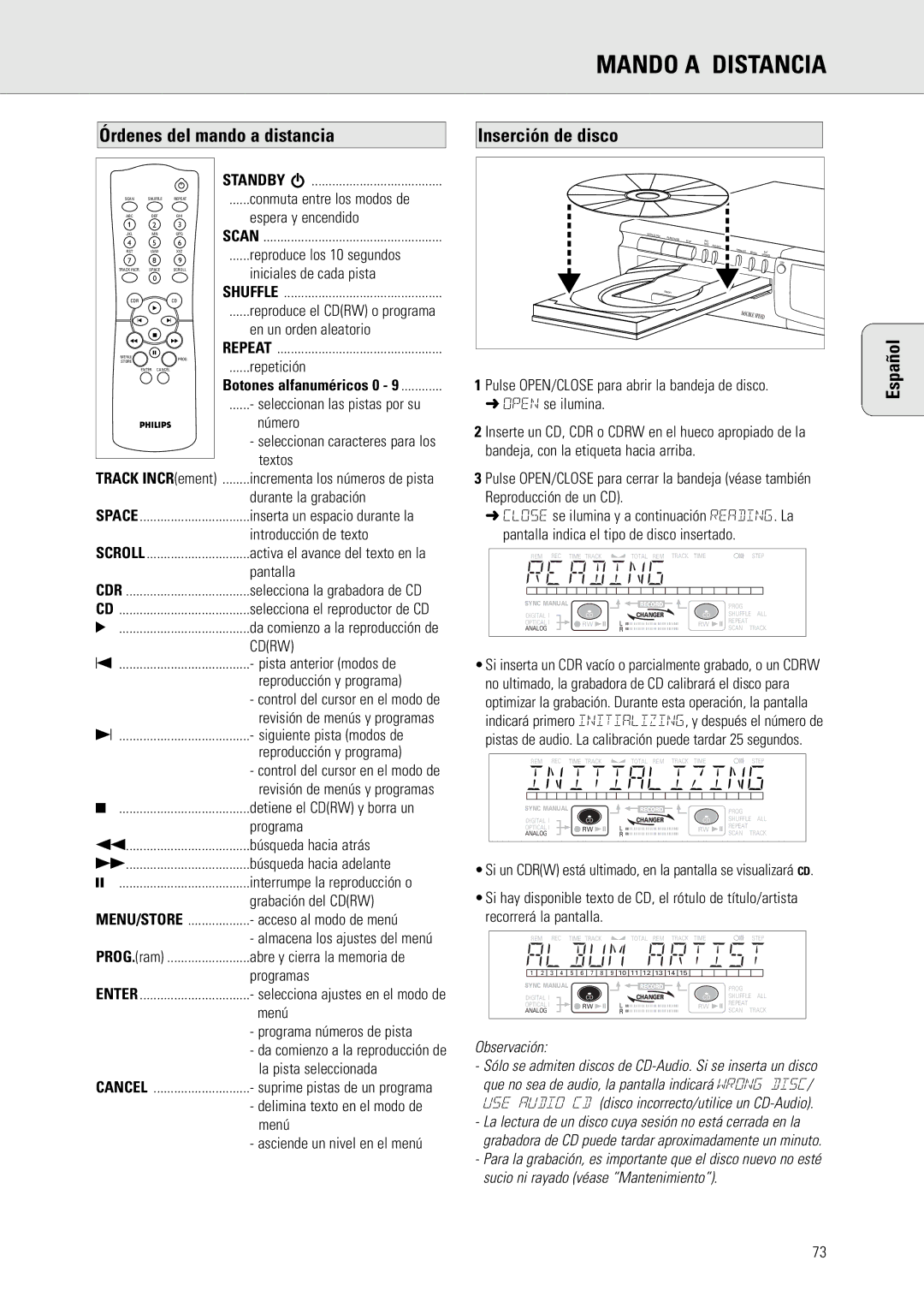 Philips CDR775 manual Mando a Distancia, Órdenes del mando a distancia Inserción de disco, Cdrw, PROG.ram 