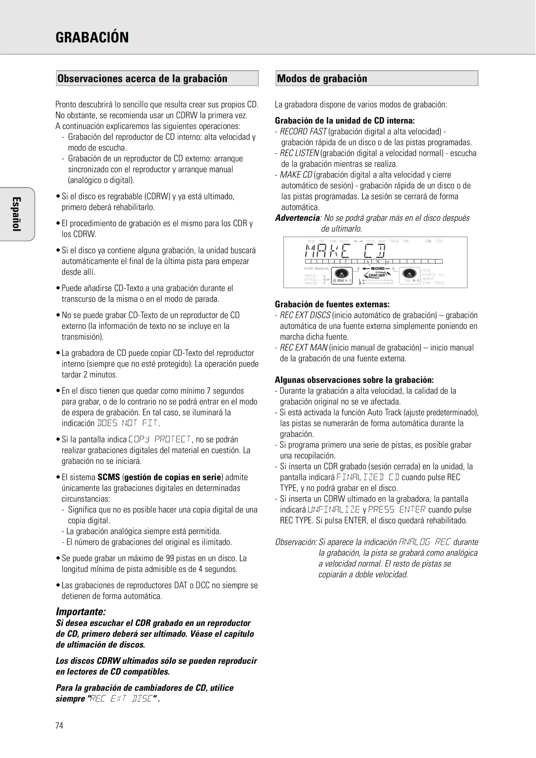 Philips CDR775 manual La grabadora dispone de varios modos de grabación, Grabación de la unidad de CD interna 