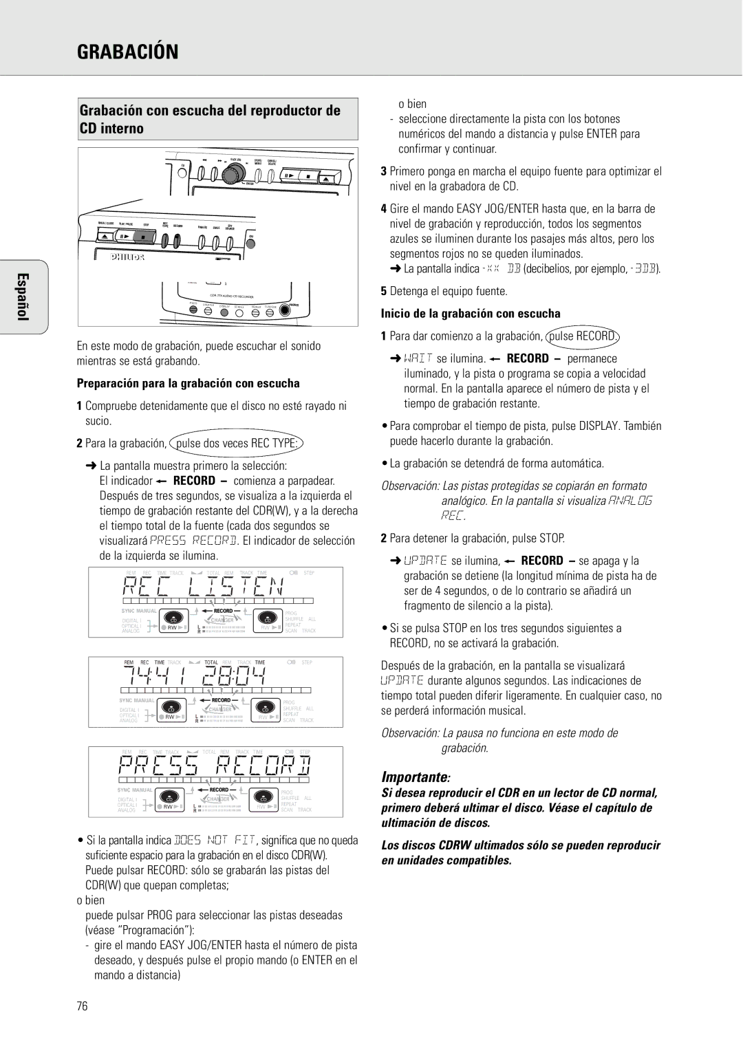 Philips CDR775 manual Grabación con escucha del reproductor de CD interno, Preparación para la grabación con escucha 