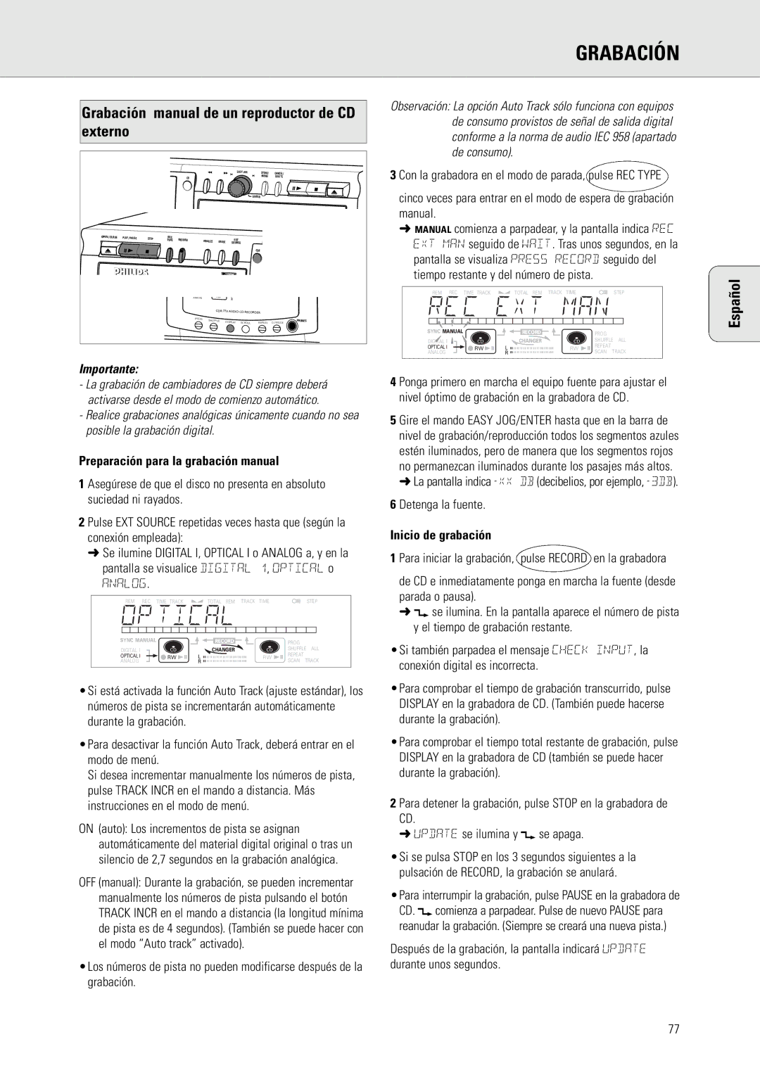 Philips CDR775 Grabación manual de un reproductor de CD externo, Preparación para la grabación manual, Analog 