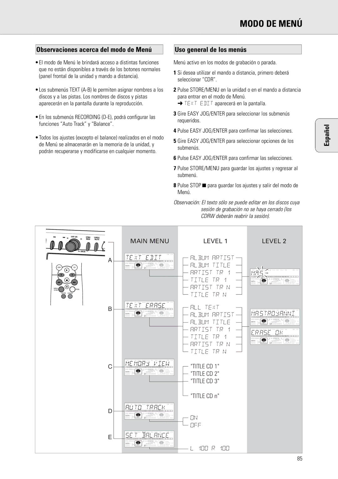 Philips CDR775 manual Modo DE Menú, Observaciones acerca del modo de Menú, Uso general de los menús 