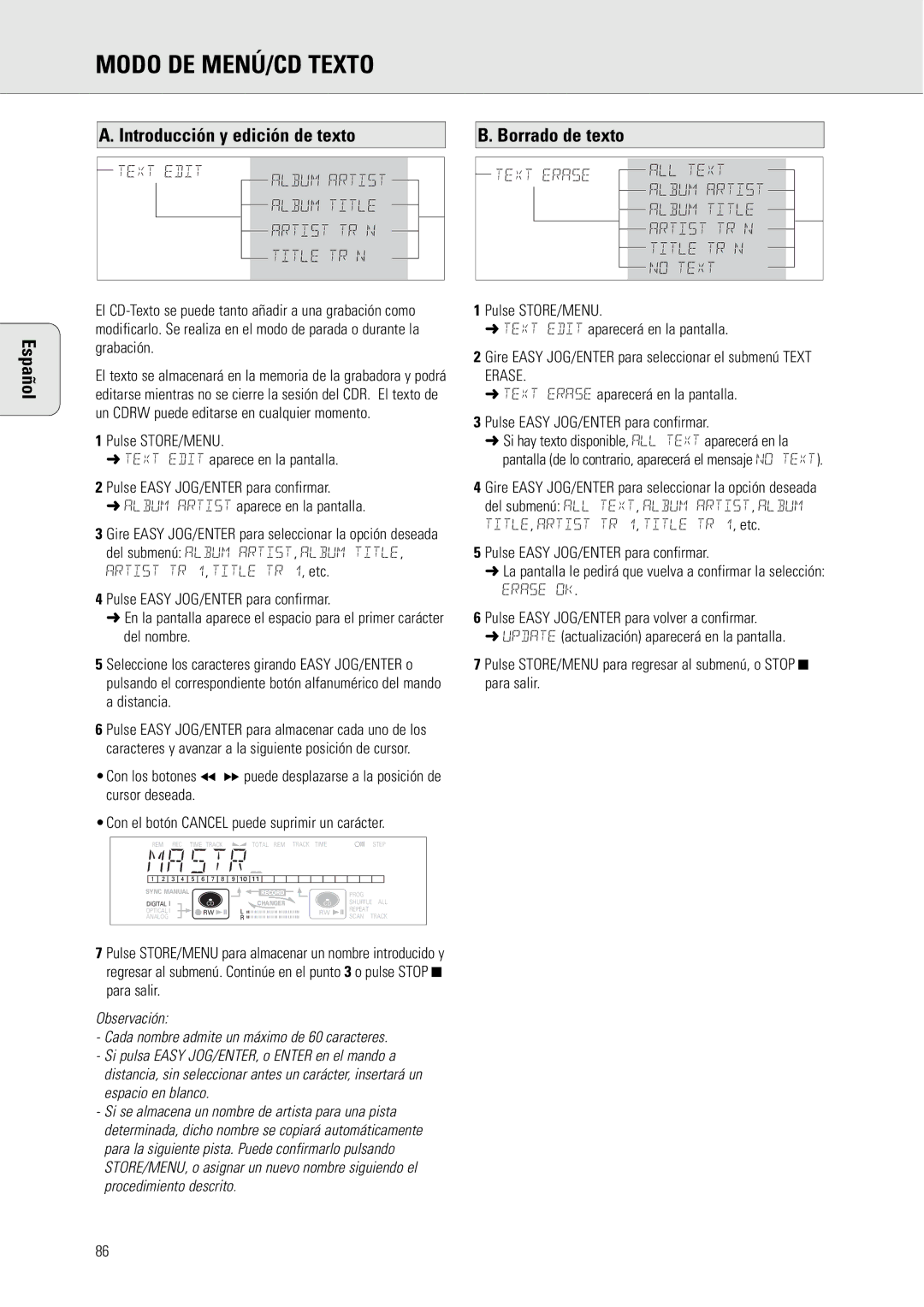 Philips CDR775 manual Modo DE MENÚ/CD Texto, Español Introducción y edición de texto, Borrado de texto, Erase OK 