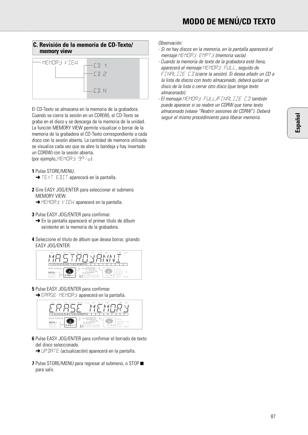 Philips CDR775 manual Revisión de la memoria de CD-Texto/ memory view, Memory View, Easy JOG/ENTER 