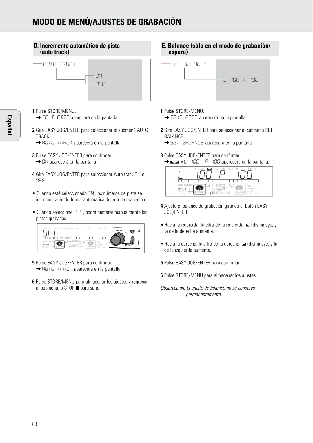 Philips CDR775 manual Modo DE MENÚ/AJUSTES DE Grabación, Español Incremento automático de pista auto track 