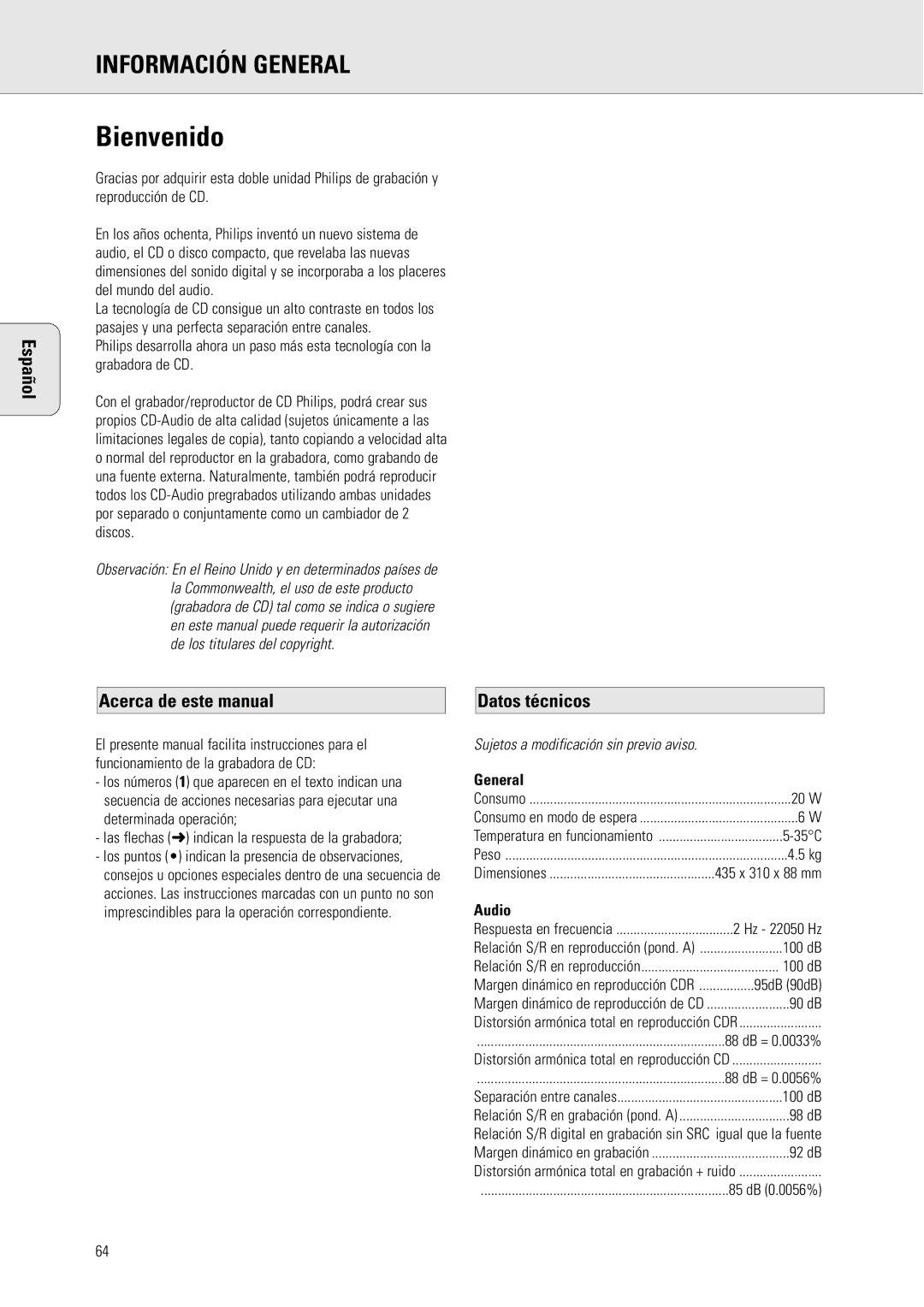 Philips CDR775 Información General, Acerca de este manual, Datos técnicos, Audio 