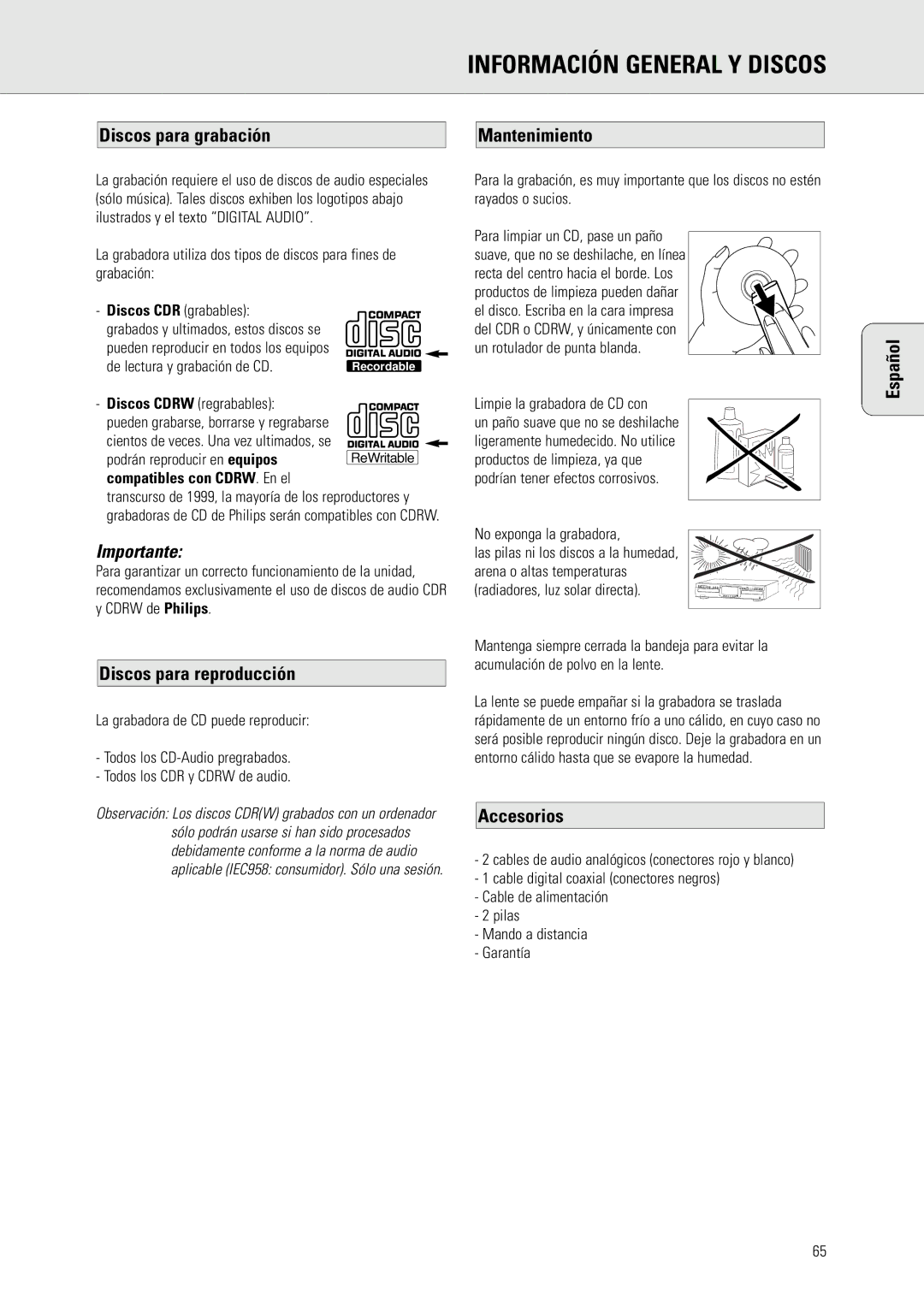 Philips CDR775 Información General Y Discos, Discos para grabación, Discos para reproducción, Mantenimiento, Accesorios 
