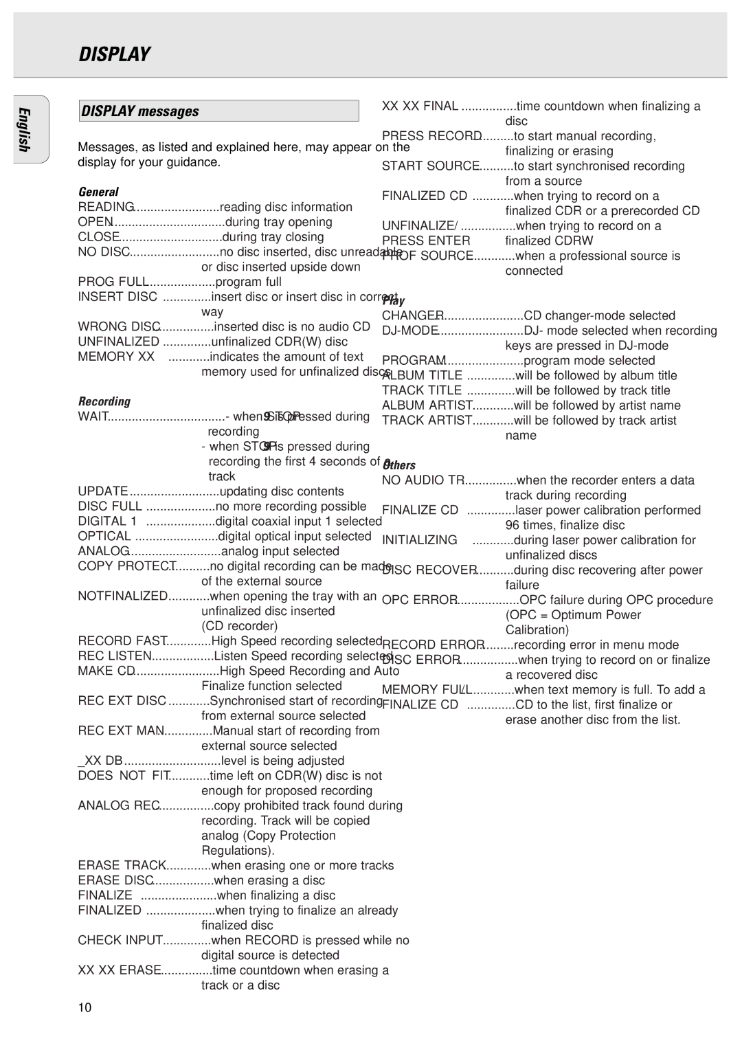 Philips CDR775 manual English Display messages 