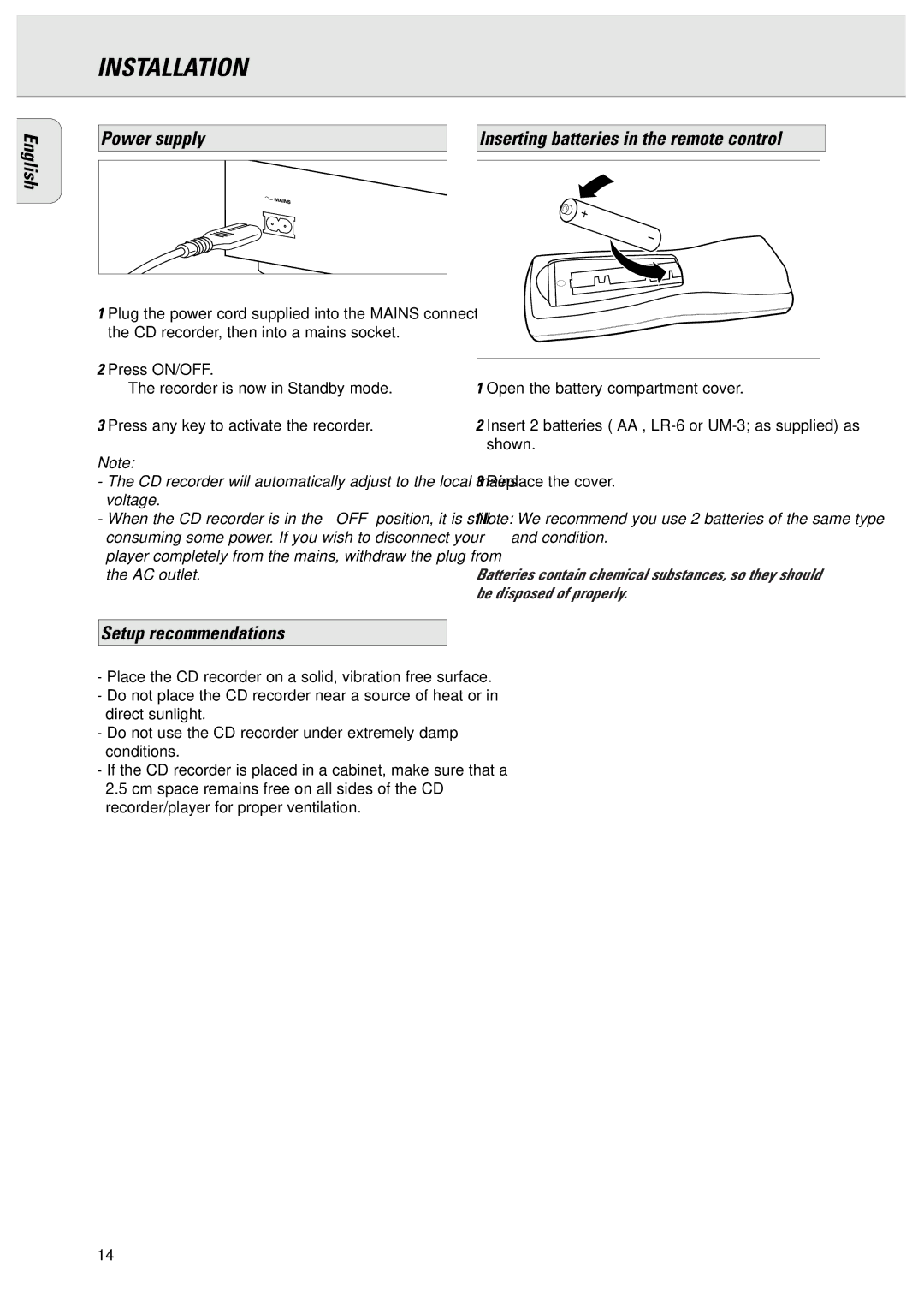 Philips CDR775 manual Power supply Inserting batteries in the remote control, Setup recommendations 