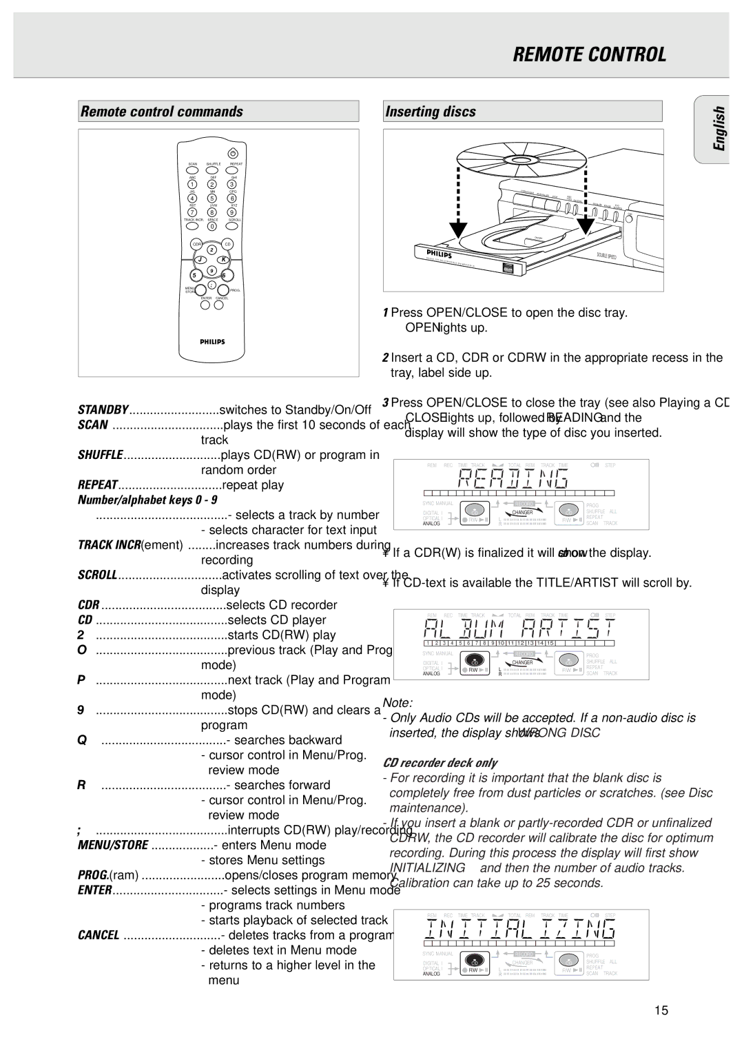 Philips CDR775 manual Remote Control, Remote control commands, Inserting discs, Number/alphabet keys 0, Track INCRement 