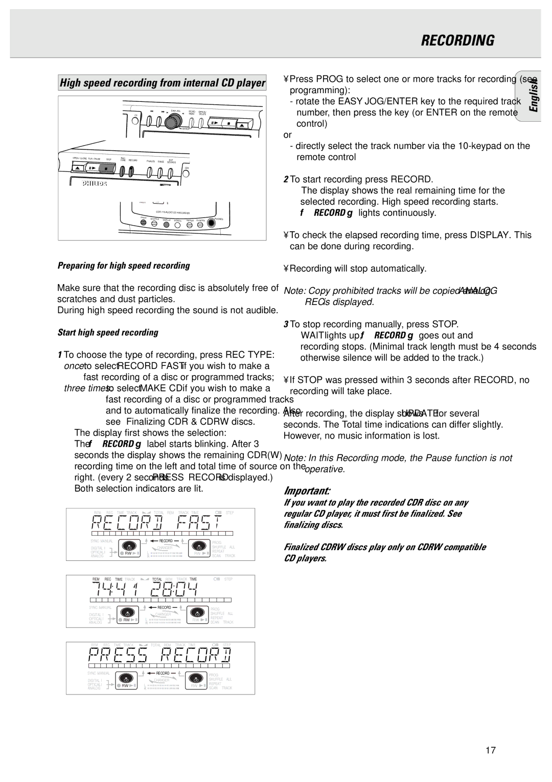 Philips CDR775 manual Preparing for high speed recording, During high speed recording the sound is not audible 