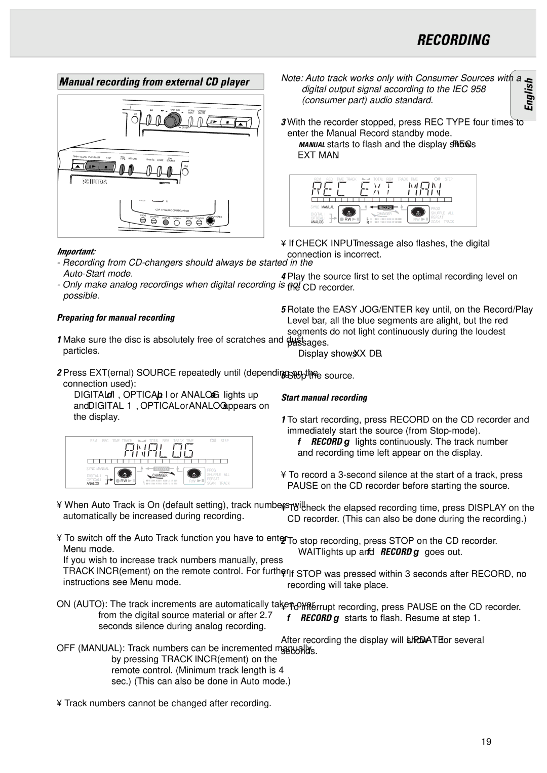 Philips CDR775 manual Manual recording from external CD player, Manual starts to flash and the display shows REC EXT MAN 