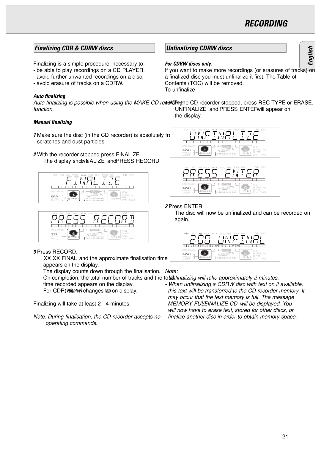 Philips CDR775 manual Finalizing CDR & Cdrw discs Unfinalizing Cdrw discs English, Auto finalizing, Manual finalizing 