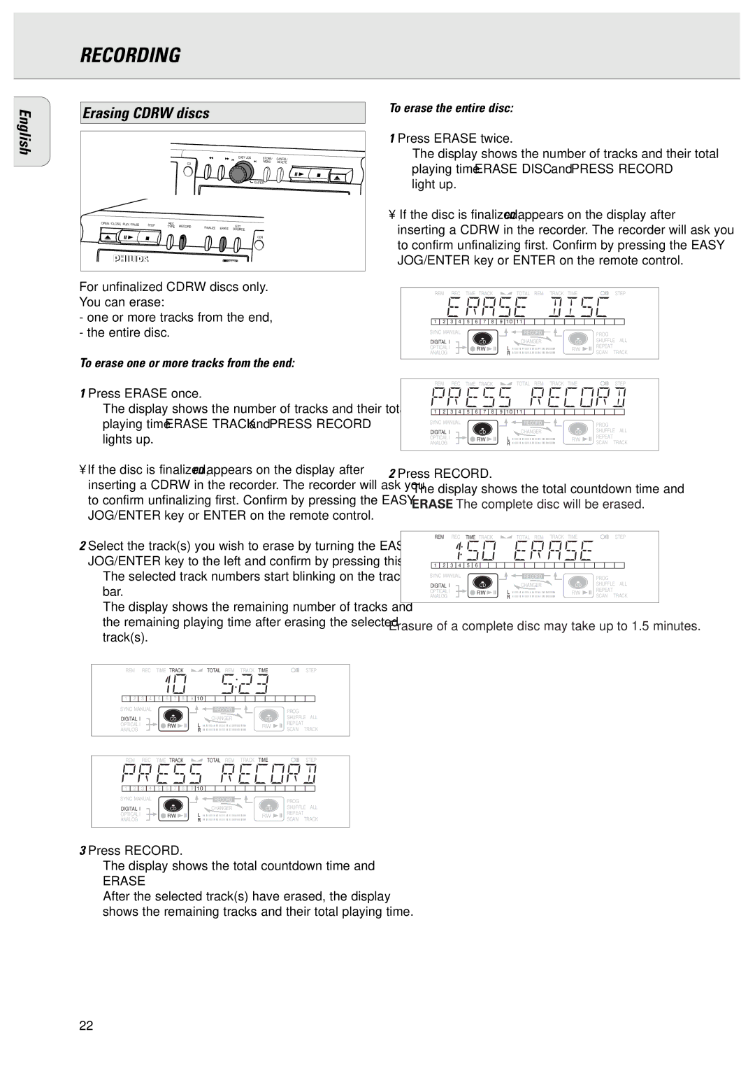 Philips CDR775 manual English Erasing Cdrw discs, To erase one or more tracks from the end, To erase the entire disc 