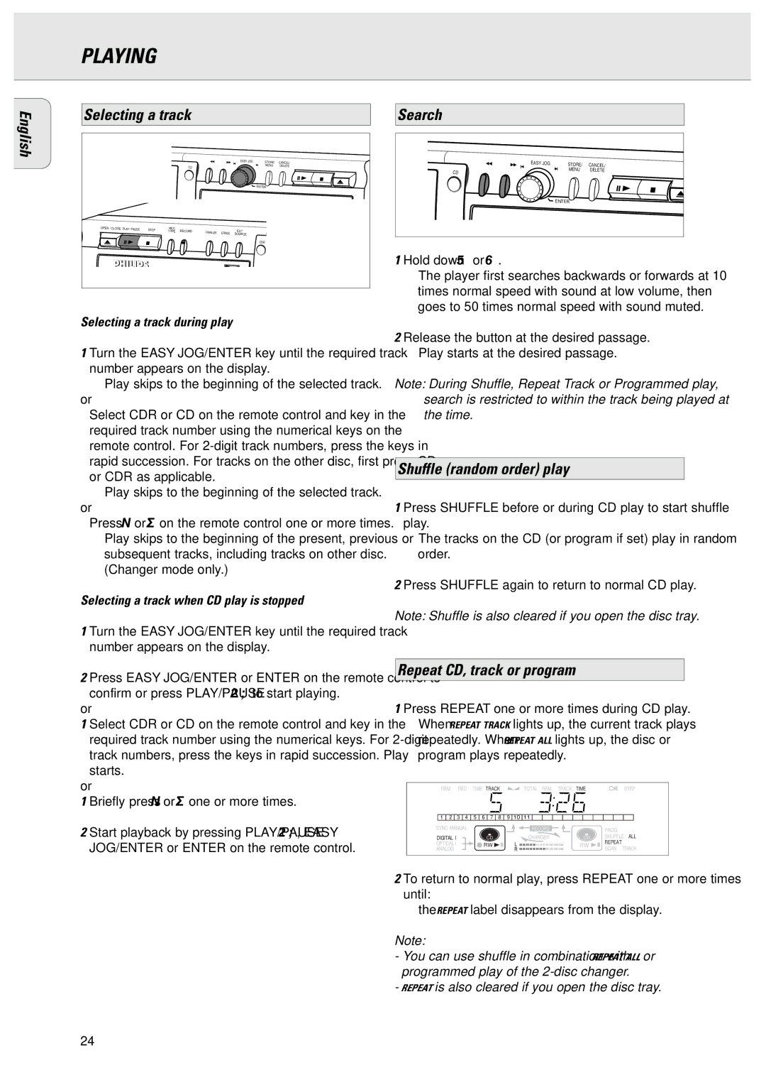 Philips CDR775 manual English Selecting a track, Search, Shuffle random order play, Repeat CD, track or program 