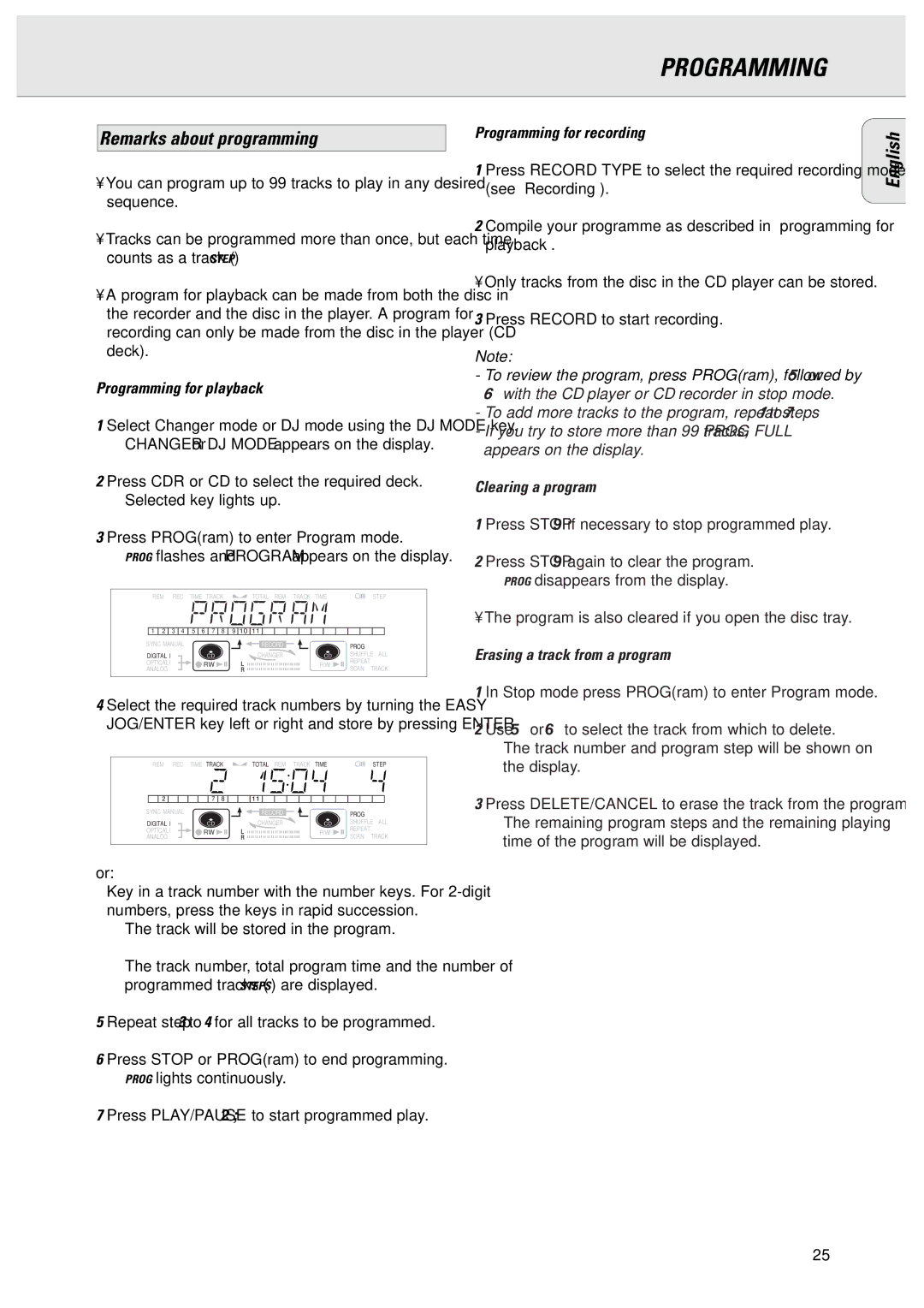 Philips CDR775 Remarks about programming, Programming for playback, Clearing a program, Erasing a track from a program 