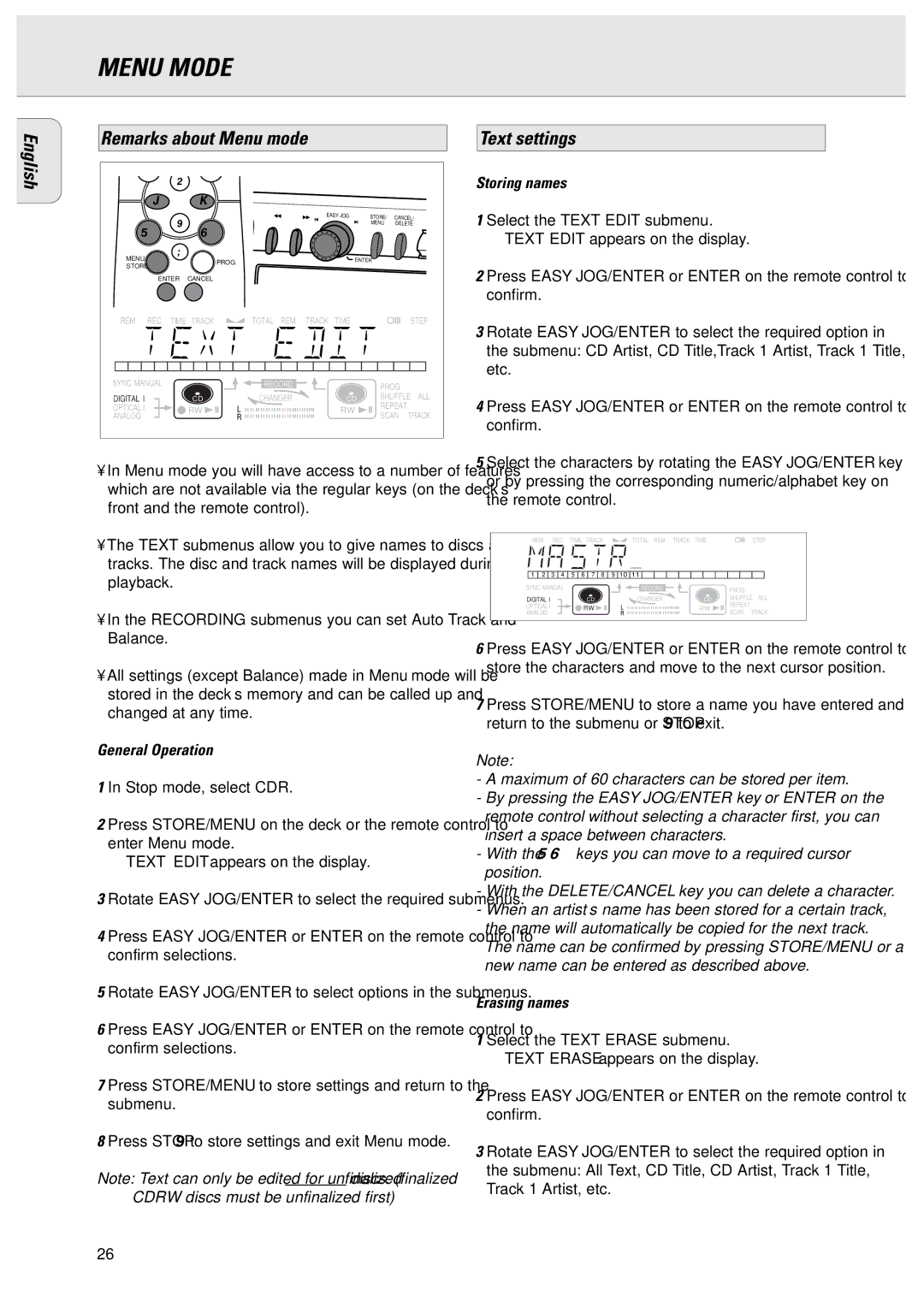 Philips CDR775 manual Menu Mode, Remarks about Menu mode 