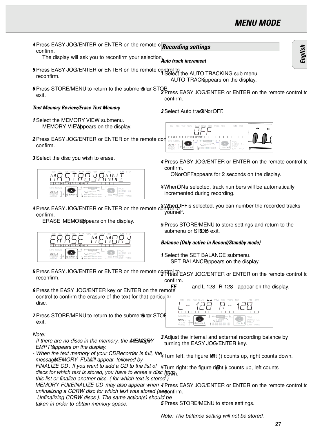 Philips CDR775 manual Recording settings, Text Memory Review/Erase Text Memory, Auto track increment 