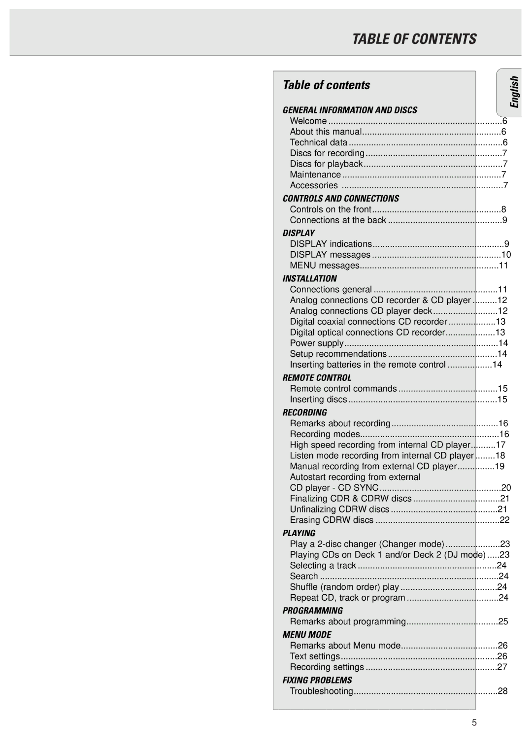 Philips CDR775 manual Table of Contents 