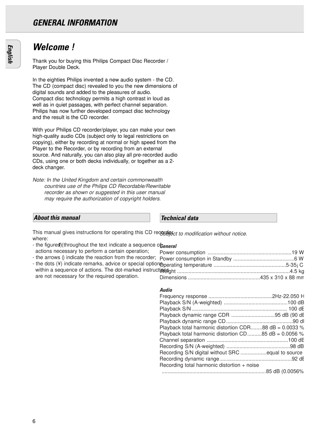 Philips CDR775 General Information, About this manual, Technical data, Audio 