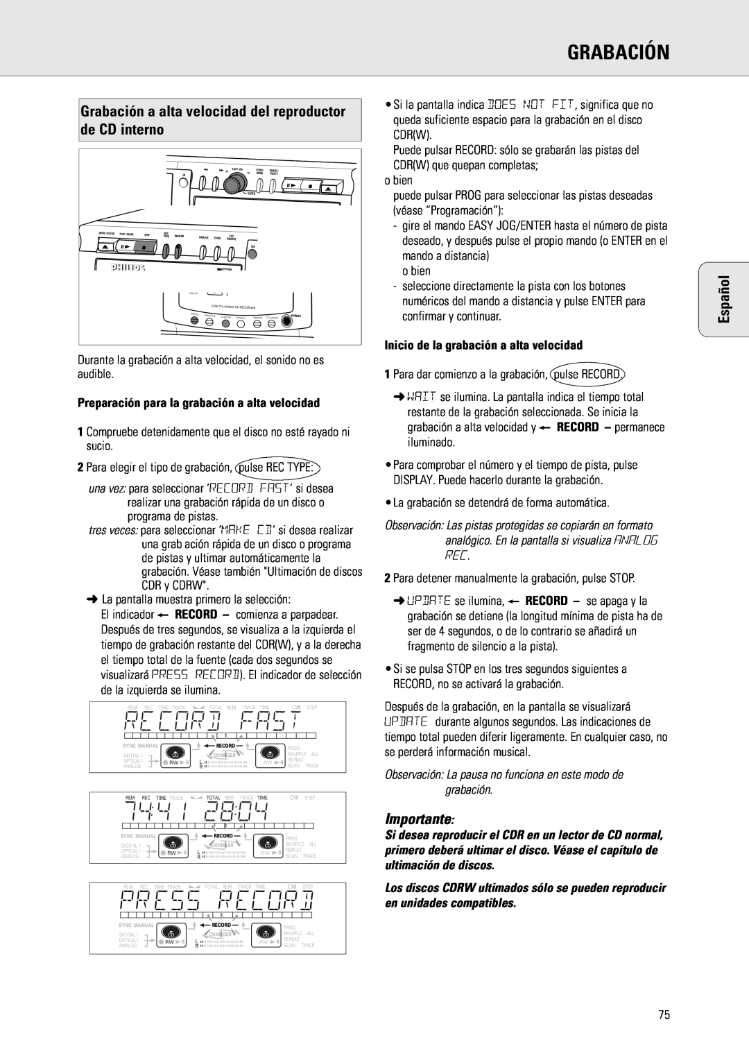 Philips CDR775 Preparación para la grabación a alta velocidad, Inicio de la grabación a alta velocidad, Grabación, Español 