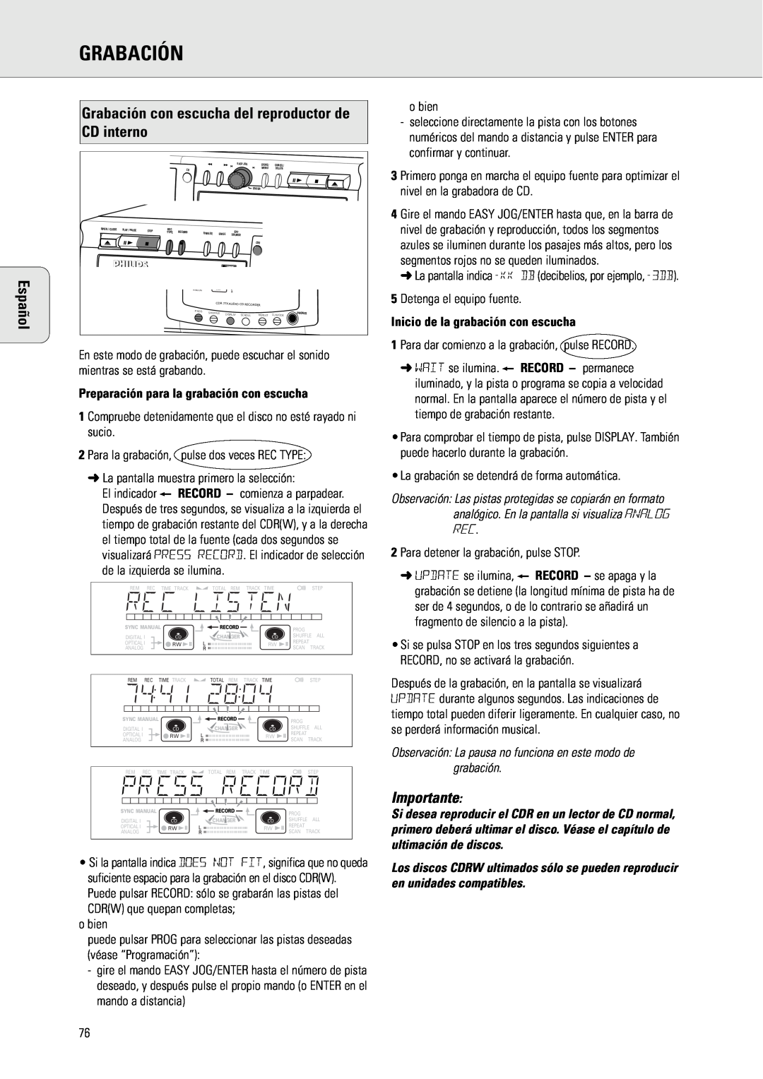 Philips CDR775 manual Preparación para la grabación con escucha, Inicio de la grabación con escucha, Grabación, Español 