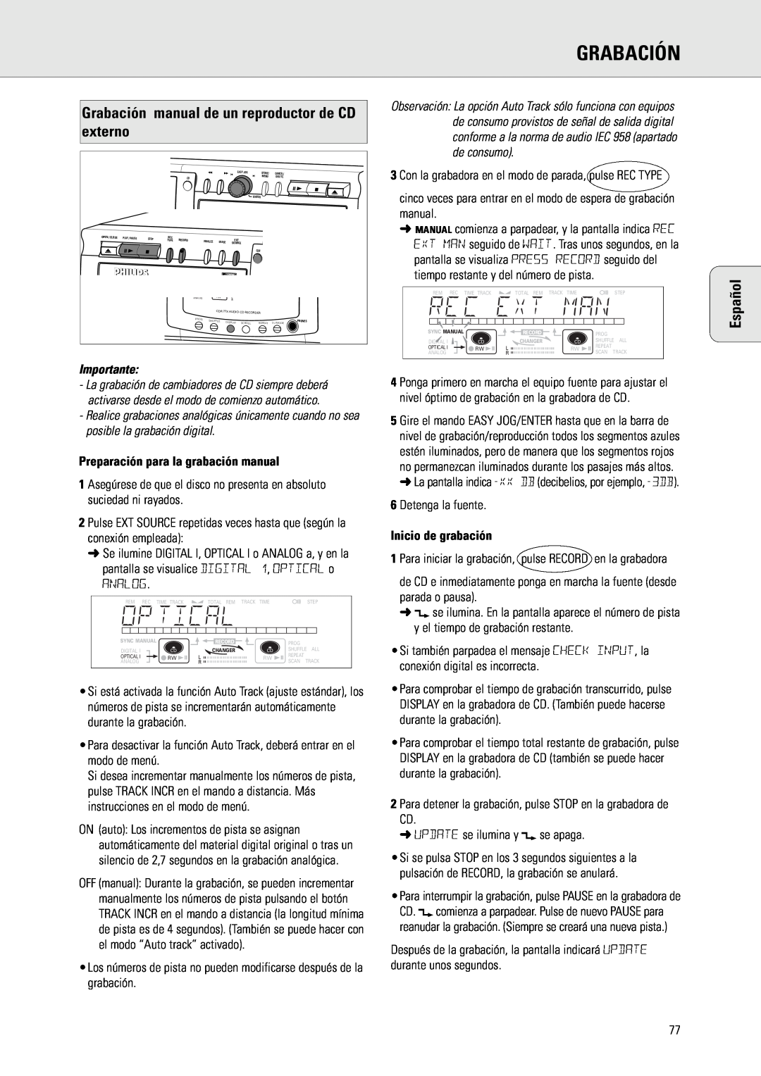 Philips CDR775 Grabación manual de un reproductor de CD externo, Preparación para la grabación manual, Inicio de grabación 