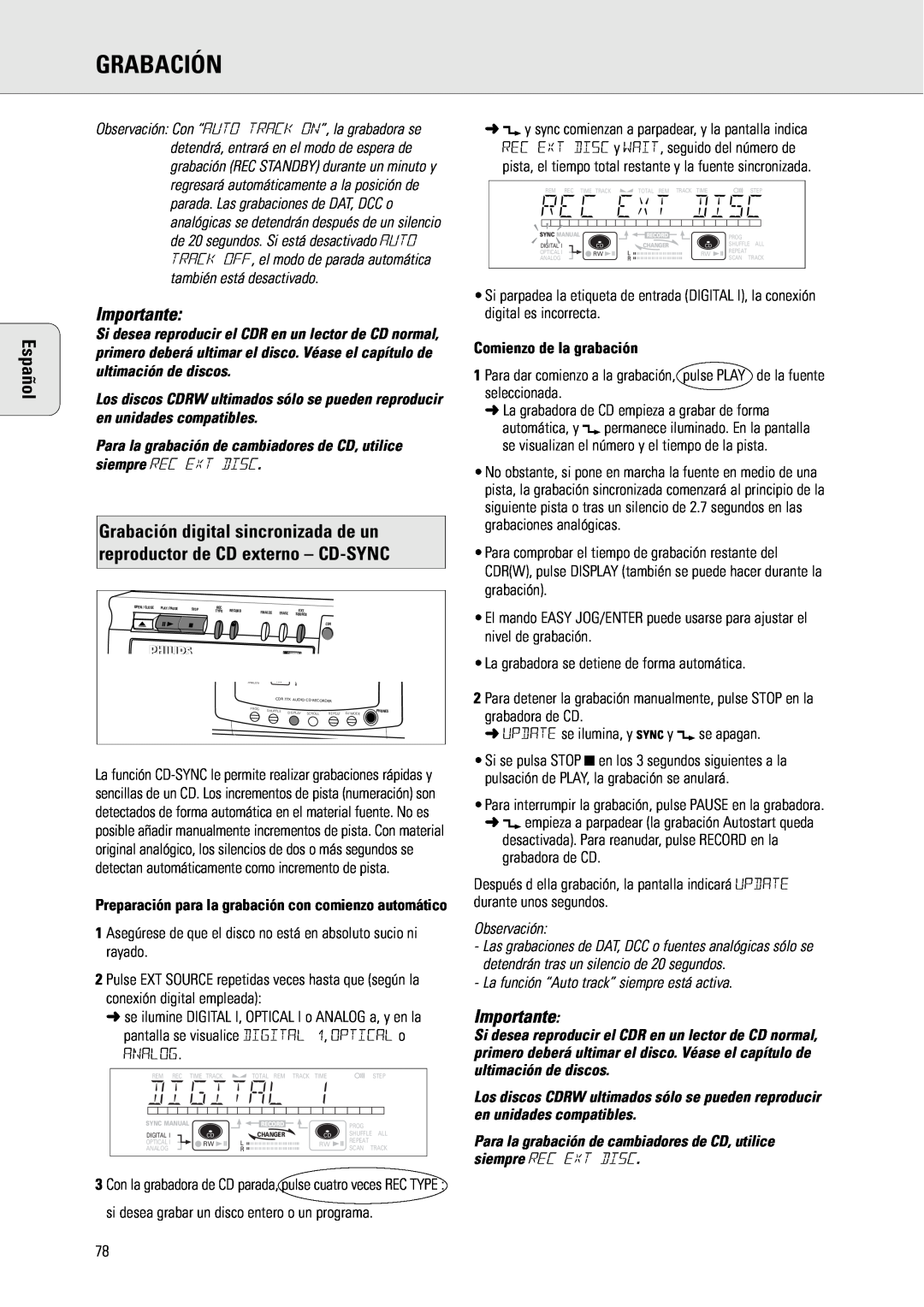 Philips CDR775 manual Comienzo de la grabación, Grabación, Español, Importante 