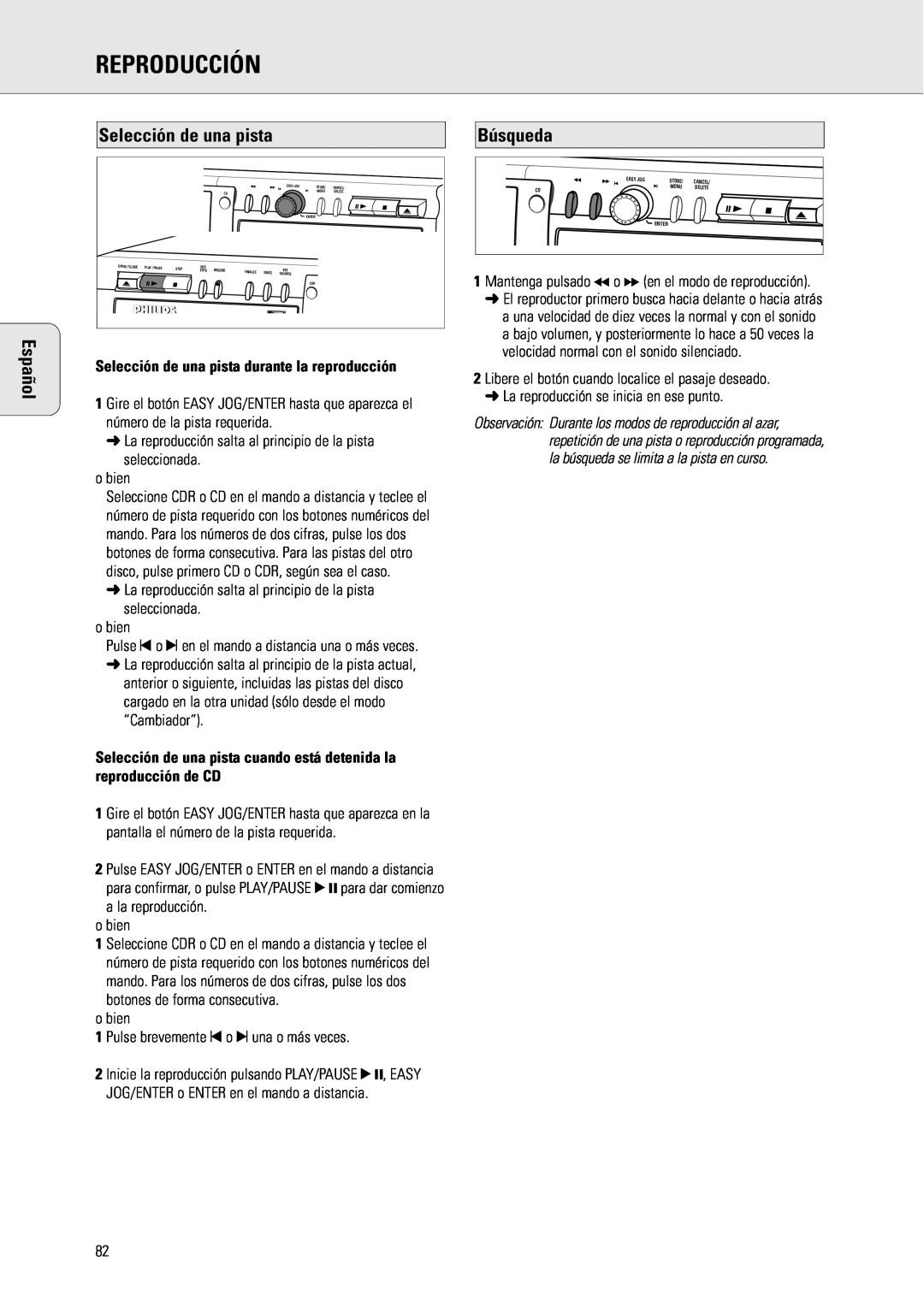 Philips CDR775 manual Búsqueda, Selección de una pista durante la reproducción, Reproducción, Español 