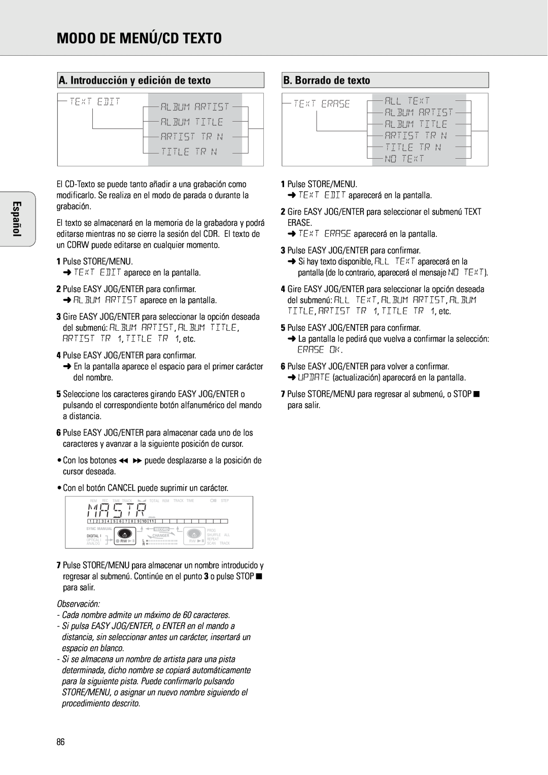 Philips CDR775 Modo De Menú/Cd Texto, A. Introducción y edición de texto, B. Borrado de texto, Title Tr N, Text Erase 