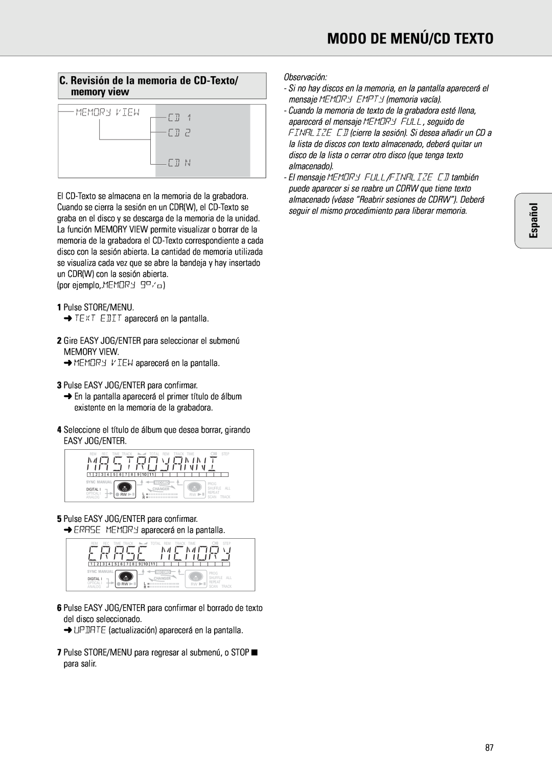 Philips CDR775 C. Revisión de la memoria de CD-Texto/memory view, Memory View Cd Cd, Cd N, Modo De Menú/Cd Texto, Español 