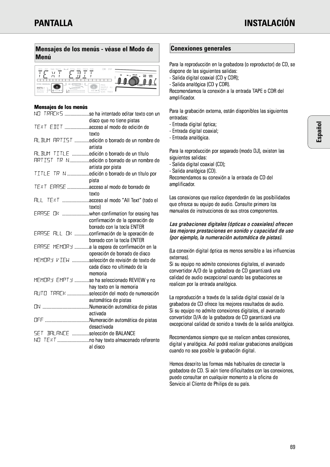 Philips CDR775 manual Instalación, Mensajes de los menús - véase el Modo de Menú, Conexiones generales, Pantalla, Español 