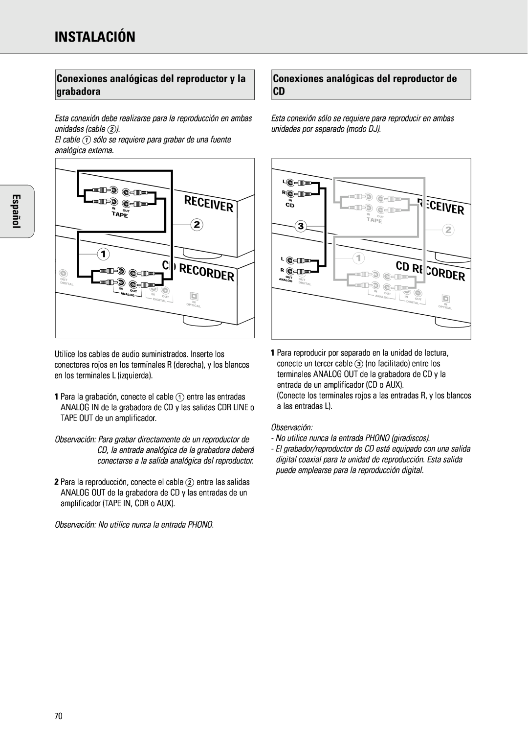 Philips CDR775 manual Conexiones analógicas del reproductor de CD, Instalación, Español 