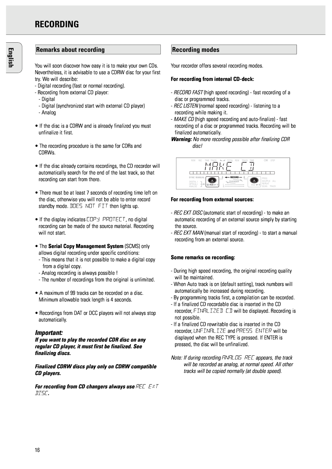 Philips CDR775 manual Remarks about recording, Recording modes, For recording from internal CD-deck 