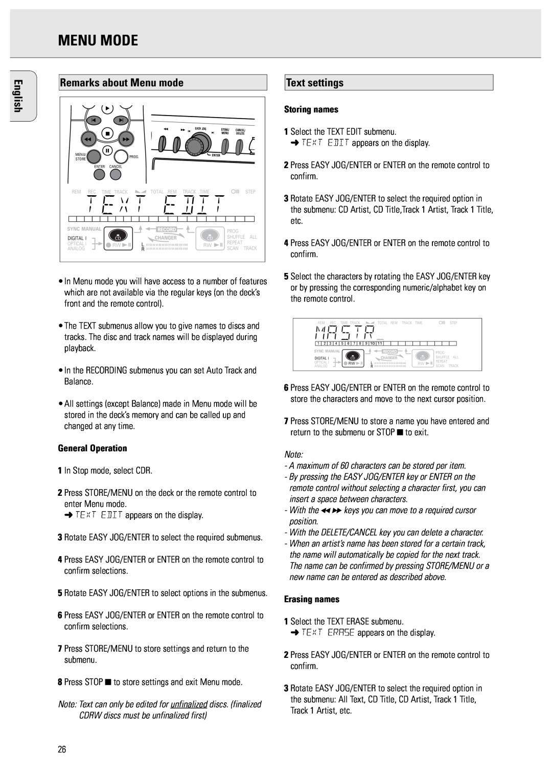 Philips CDR775 manual Menu Mode, Remarks about Menu mode, Text settings, General Operation, Storing names, Erasing names 