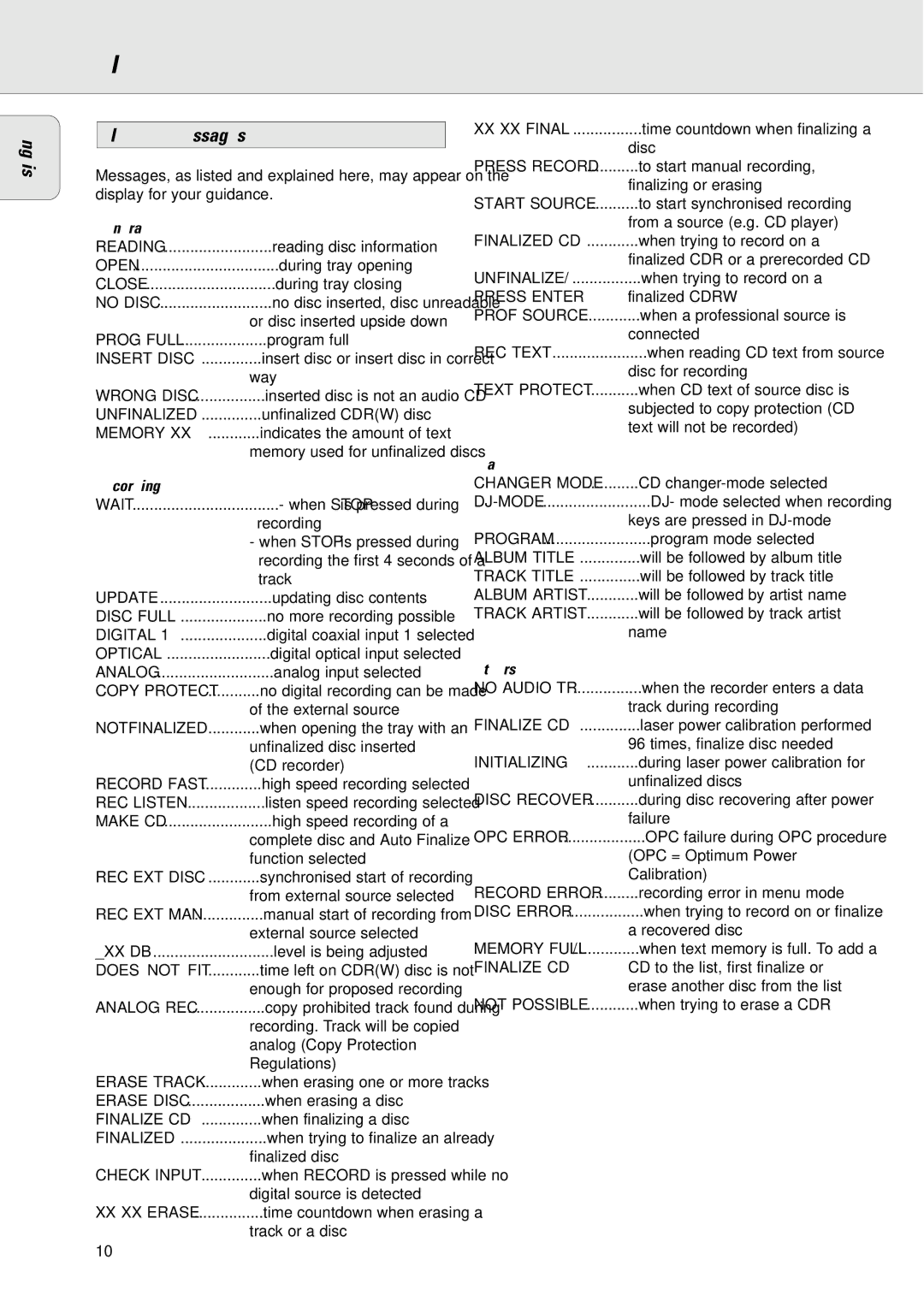 Philips CDR775/777 manual Display messages 