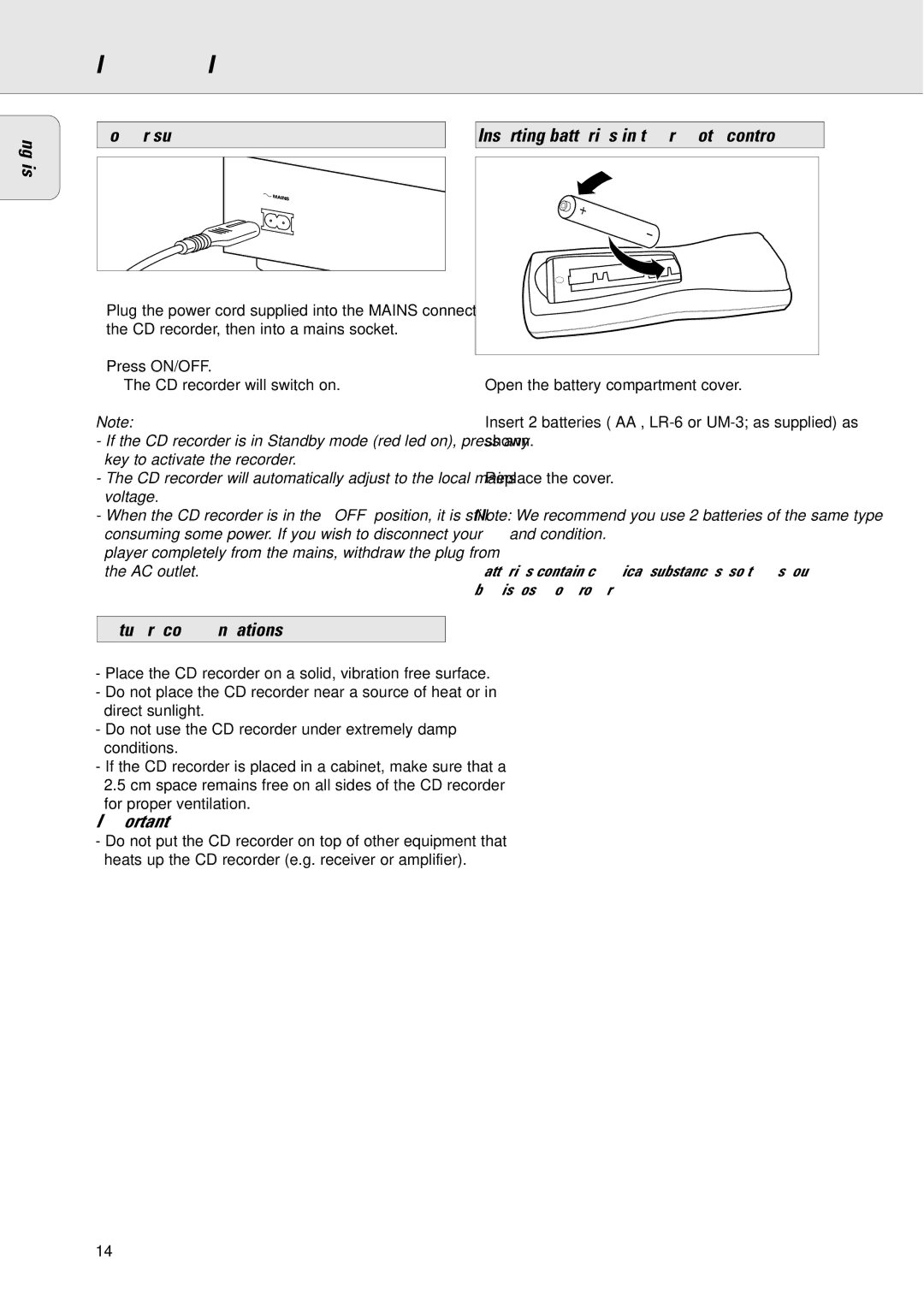 Philips CDR775/777 manual Power supply Inserting batteries in the remote control, Setup recommendations 