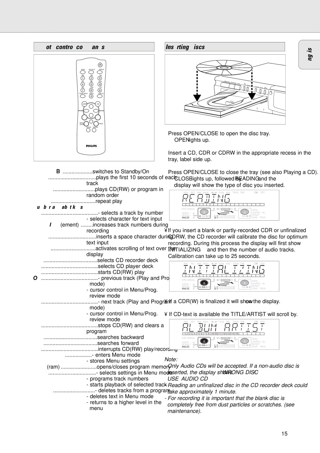 Philips CDR775/777 manual Remote Control, Remote control commands Inserting discs English, Number/alphabet keys 0 