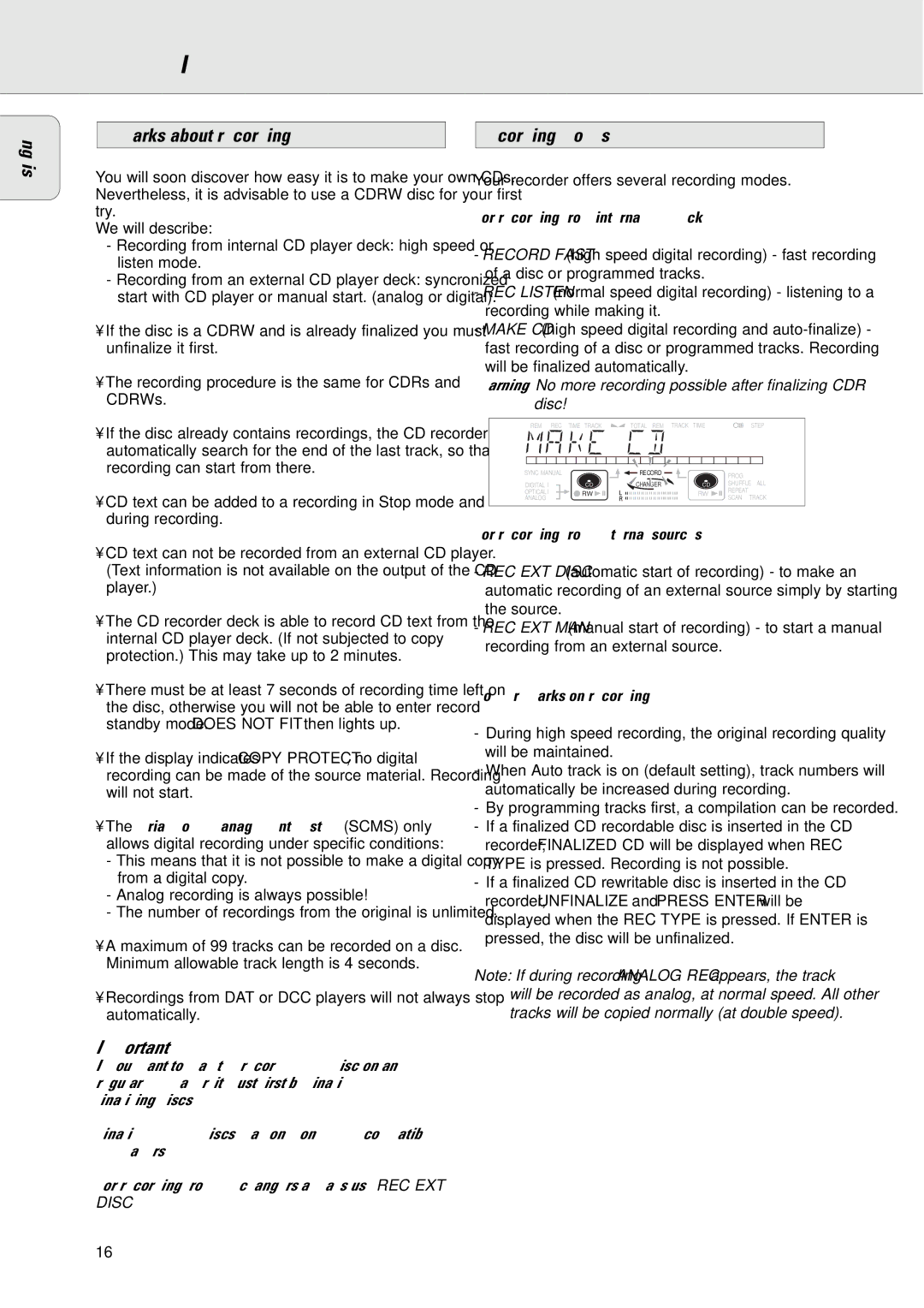 Philips CDR775/777 manual Remarks about recording, Recording modes 