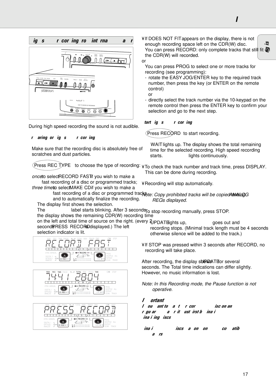 Philips CDR775/777 manual Preparing for high speed recording, Start high speed recording 